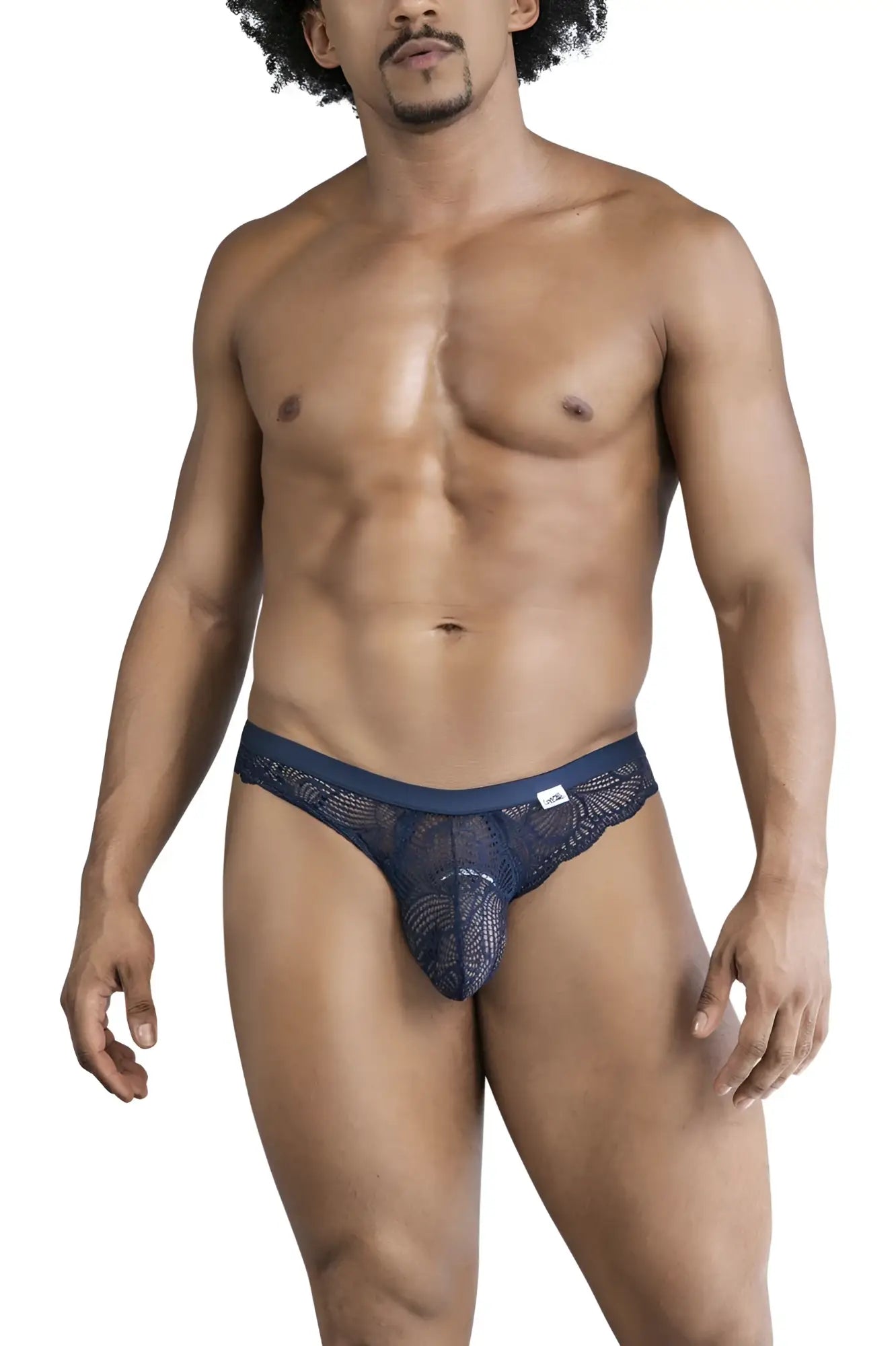 Navy blue lace thong with intricate leaf pattern and solid waistband from CandyMan 99868 lace briefs collection