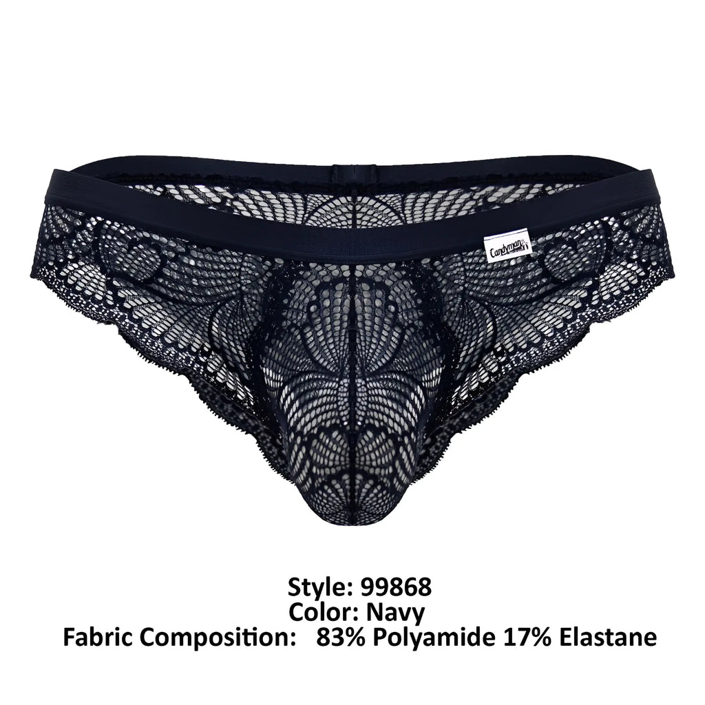 Navy lace thong candyMan 99868 with intricate floral patterns and stretchy elastic waistband showing front view