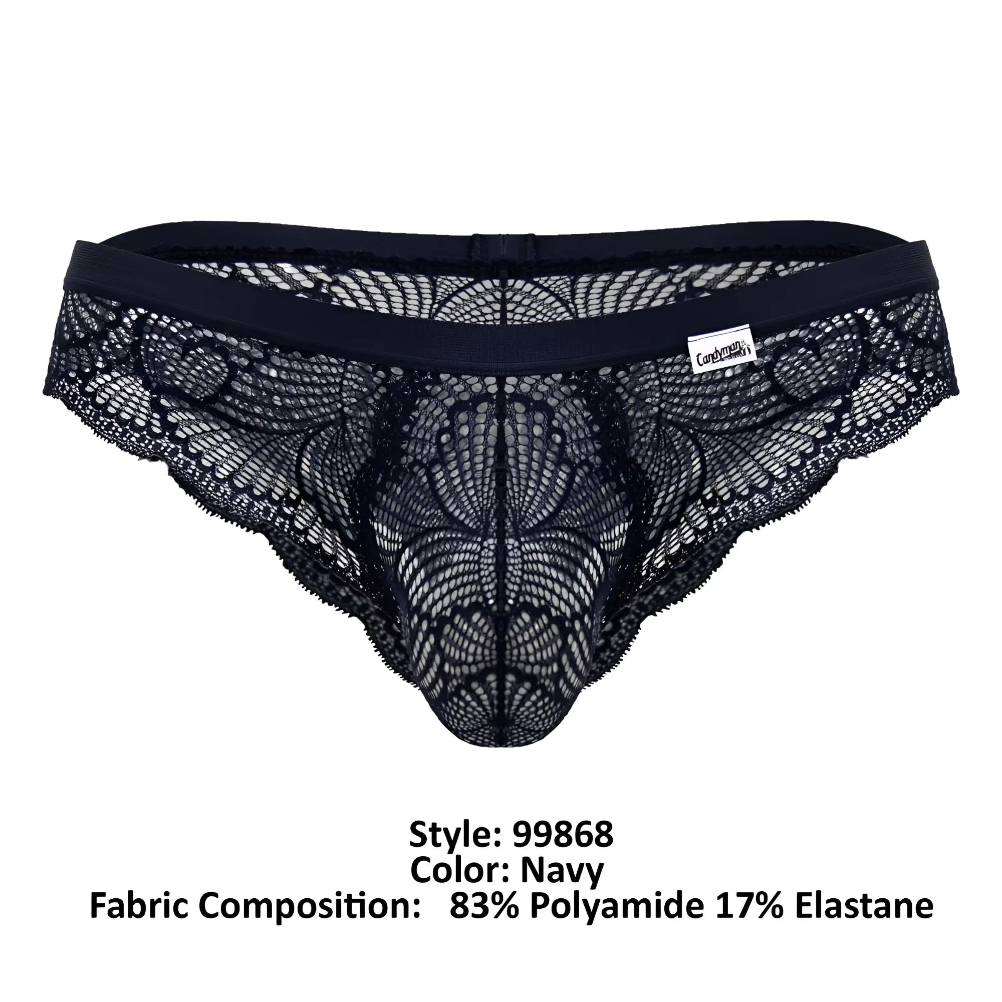Navy lace thong candyMan 99868 with intricate floral patterns and stretchy elastic waistband showing front view