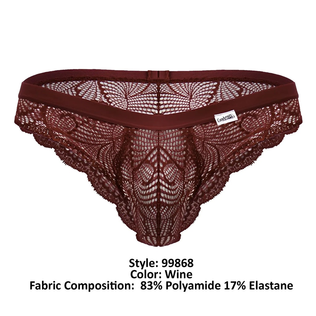 Wine-colored lace thong with solid elastic waistband and floral patterns from Candyman 99868 lace briefs collection