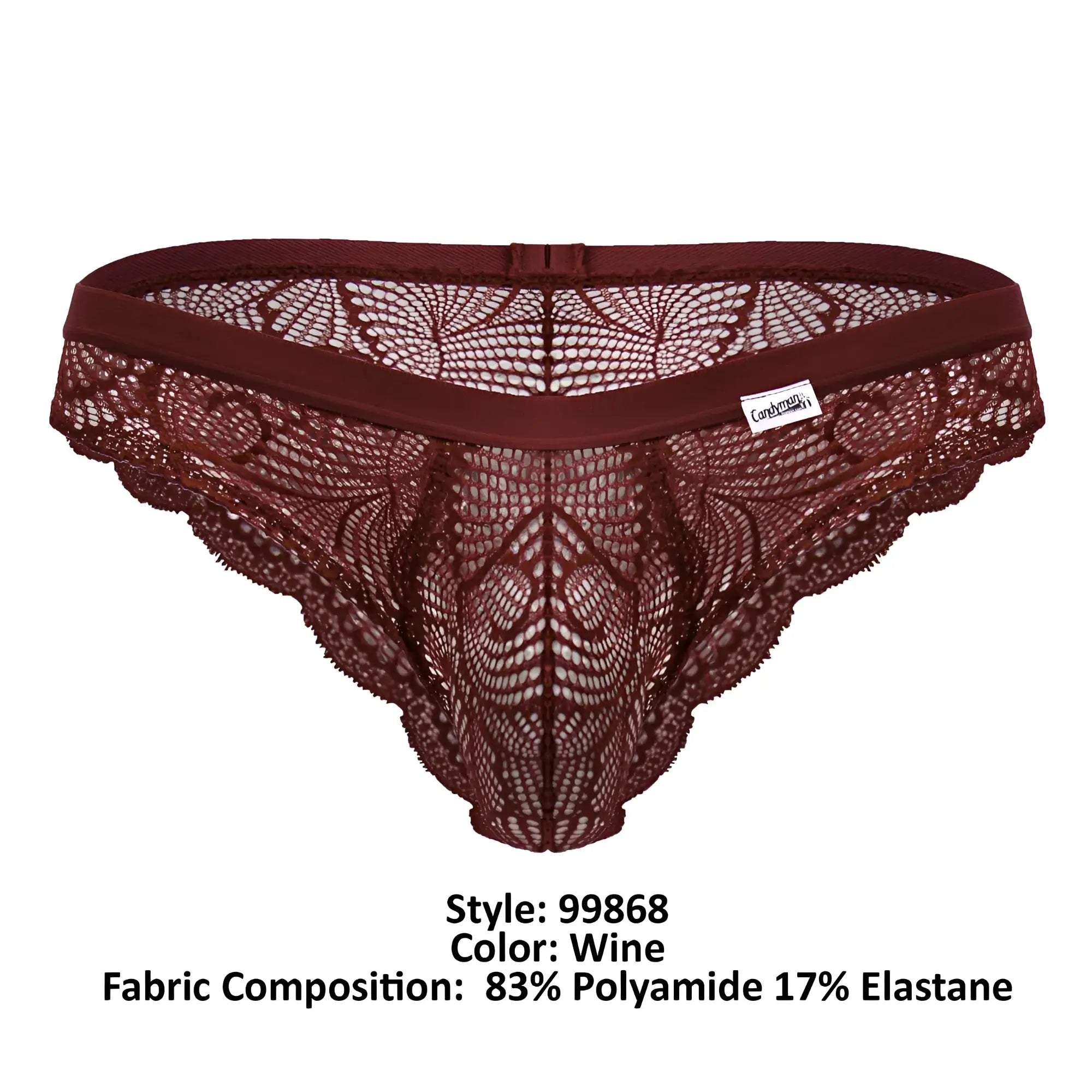 Wine-colored lace thong with solid elastic waistband and floral patterns from Candyman 99868 lace briefs collection