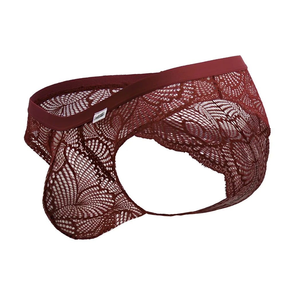CandyMan 99868 lace briefs in wine color featuring maroon lace with an intricate pattern and elastic waistband