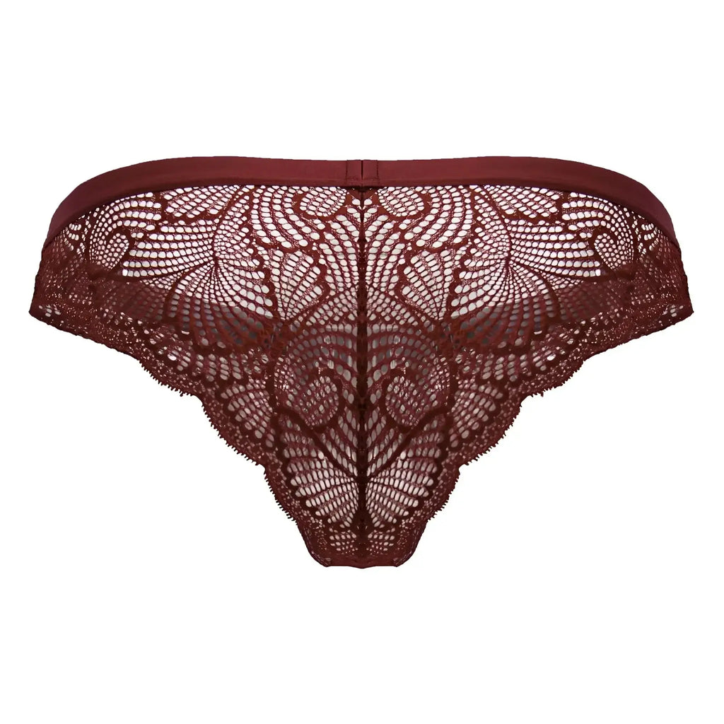 CandyMan 99868 lace briefs in wine color featuring intricate floral lace and a smooth elastic waistband