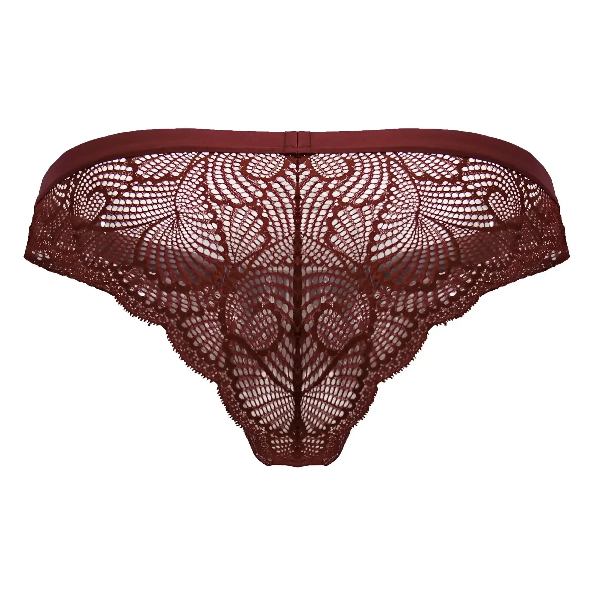 CandyMan 99868 lace briefs in wine color featuring intricate floral lace and a smooth elastic waistband