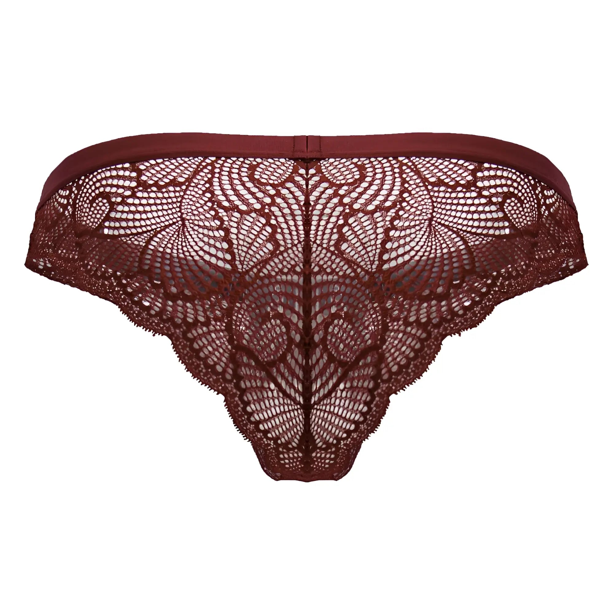 CandyMan 99868 lace briefs in wine color featuring intricate floral lace and a smooth elastic waistband