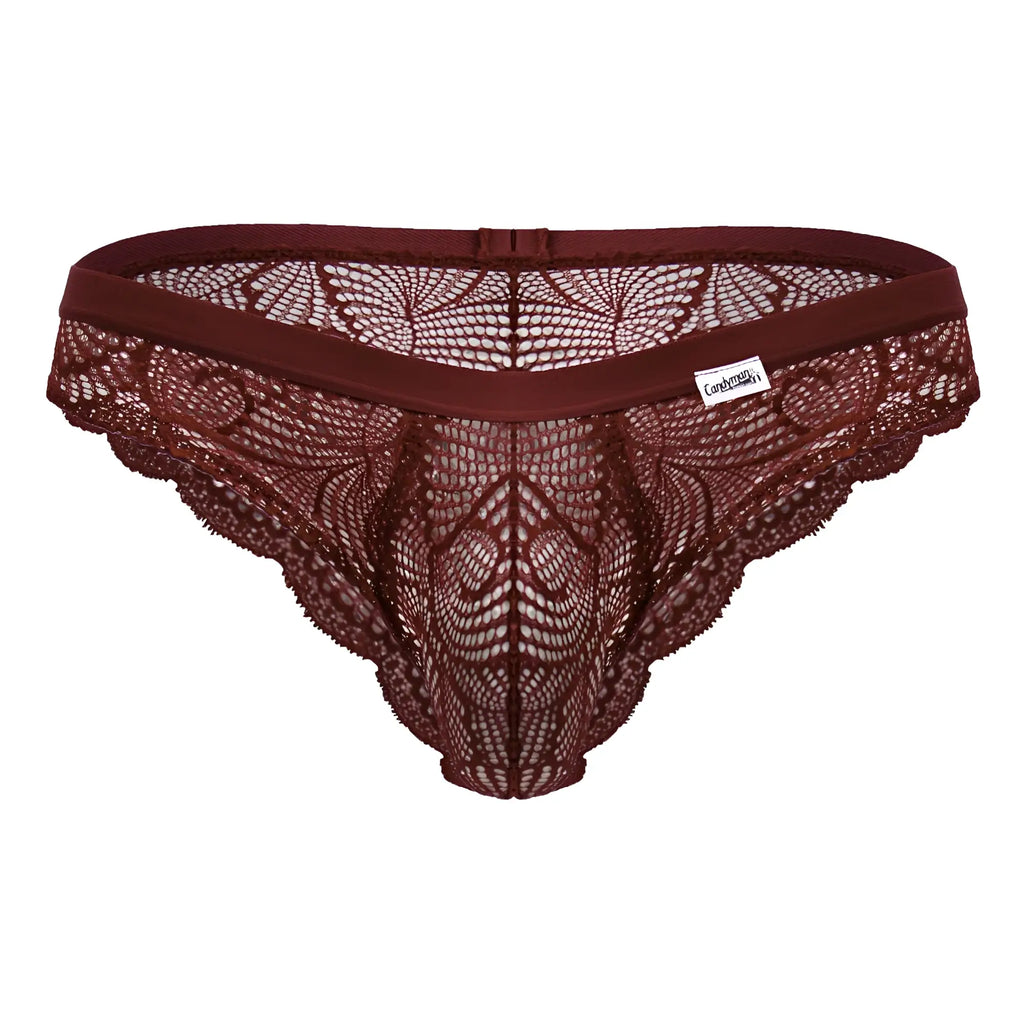 CandyMan 99868 lace briefs in wine color featuring maroon lace thong with intricate floral patterns and elastic waistband