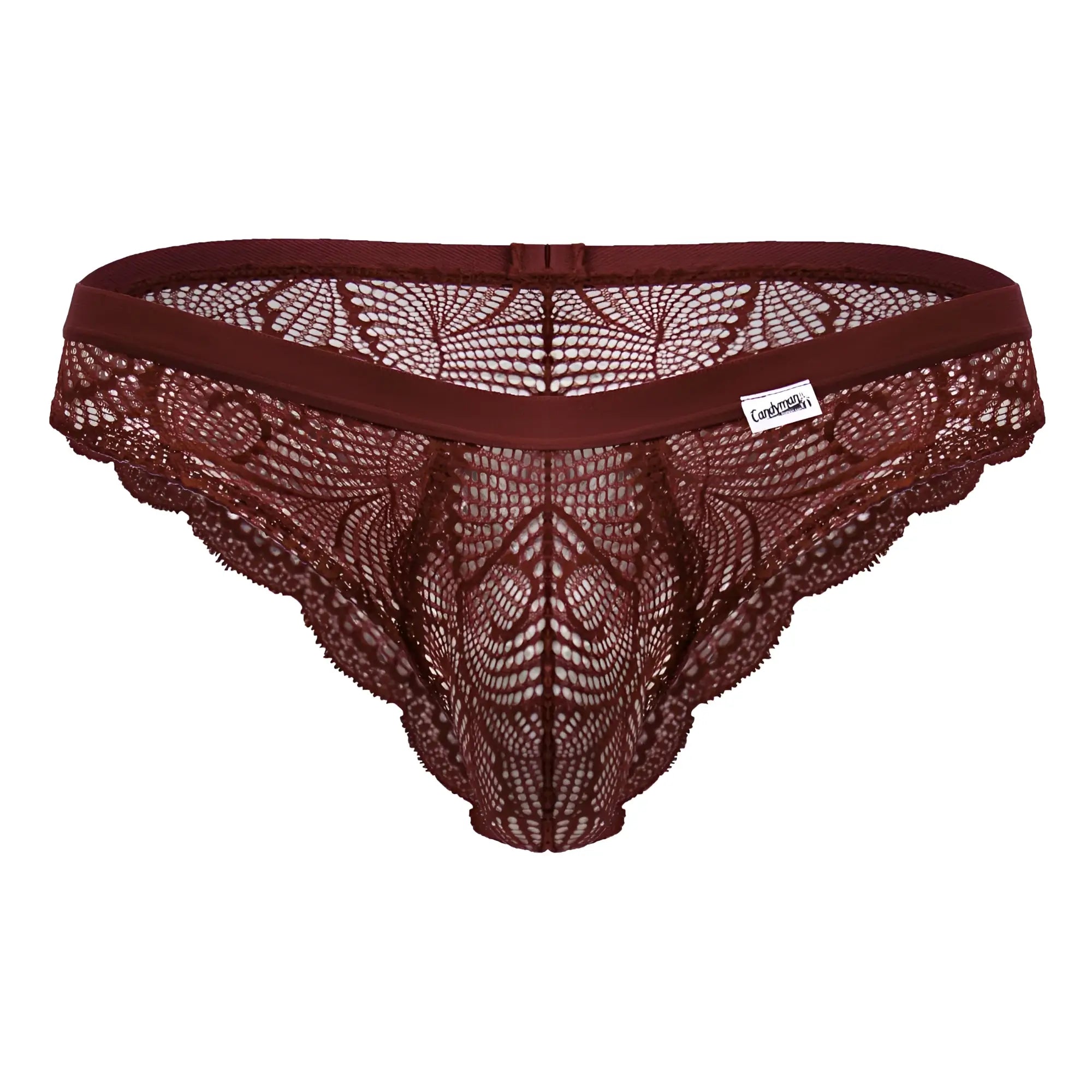 CandyMan 99868 lace briefs in wine color featuring maroon lace thong with intricate floral patterns and elastic waistband