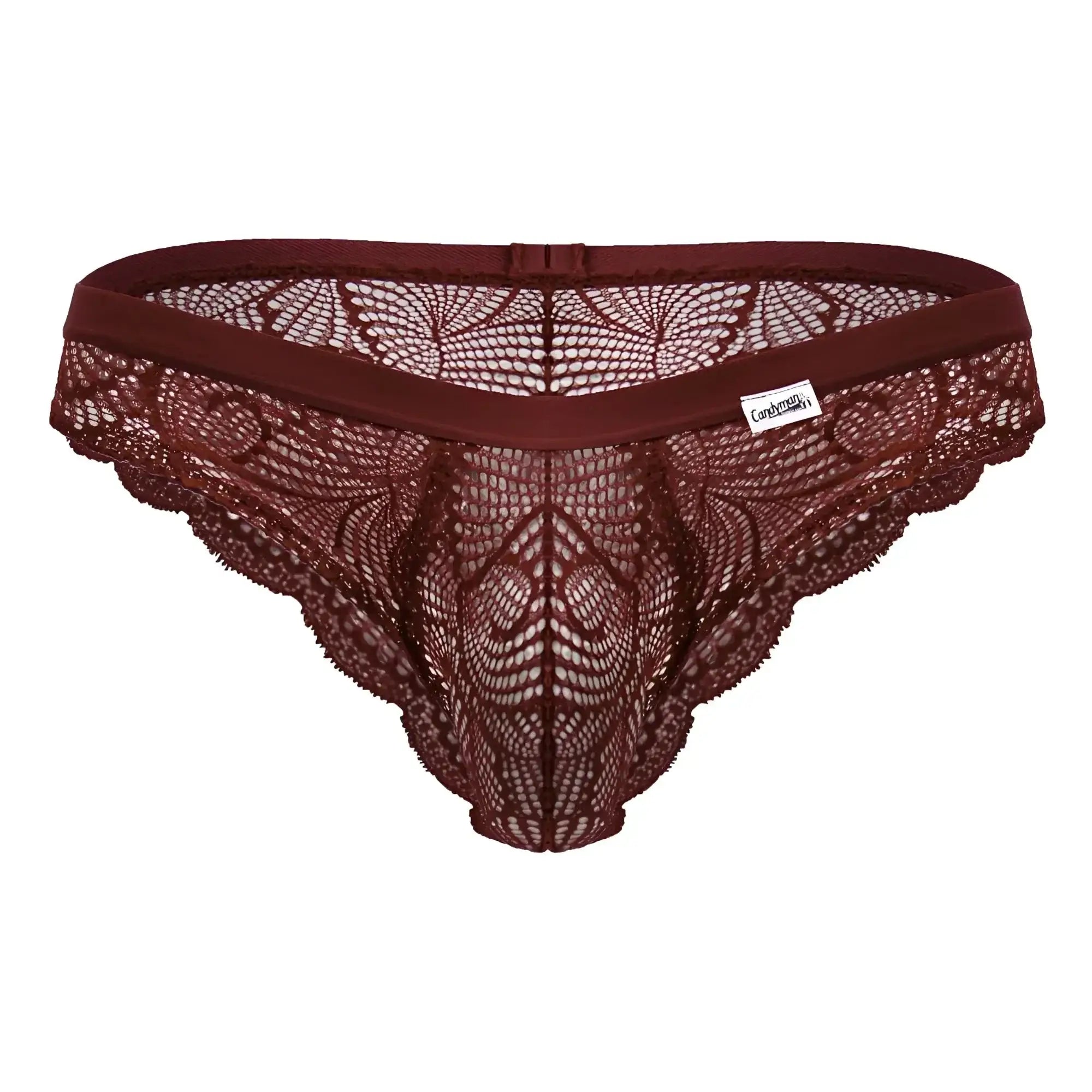 CandyMan 99868 lace briefs in wine color featuring maroon lace thong with intricate floral patterns and elastic waistband