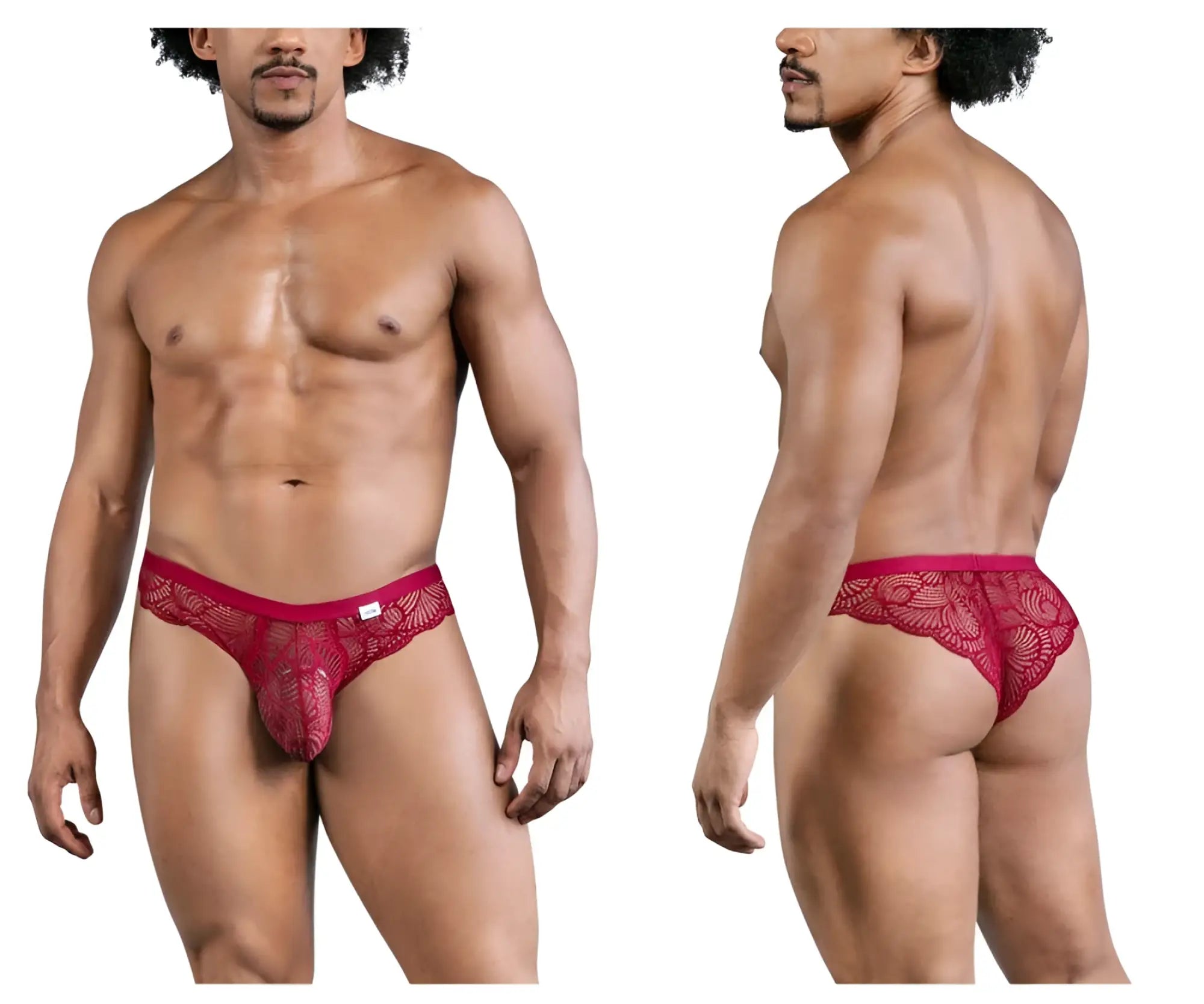 Red lace thong with intricate floral pattern in wine color from candyman 99868 lace briefs collection