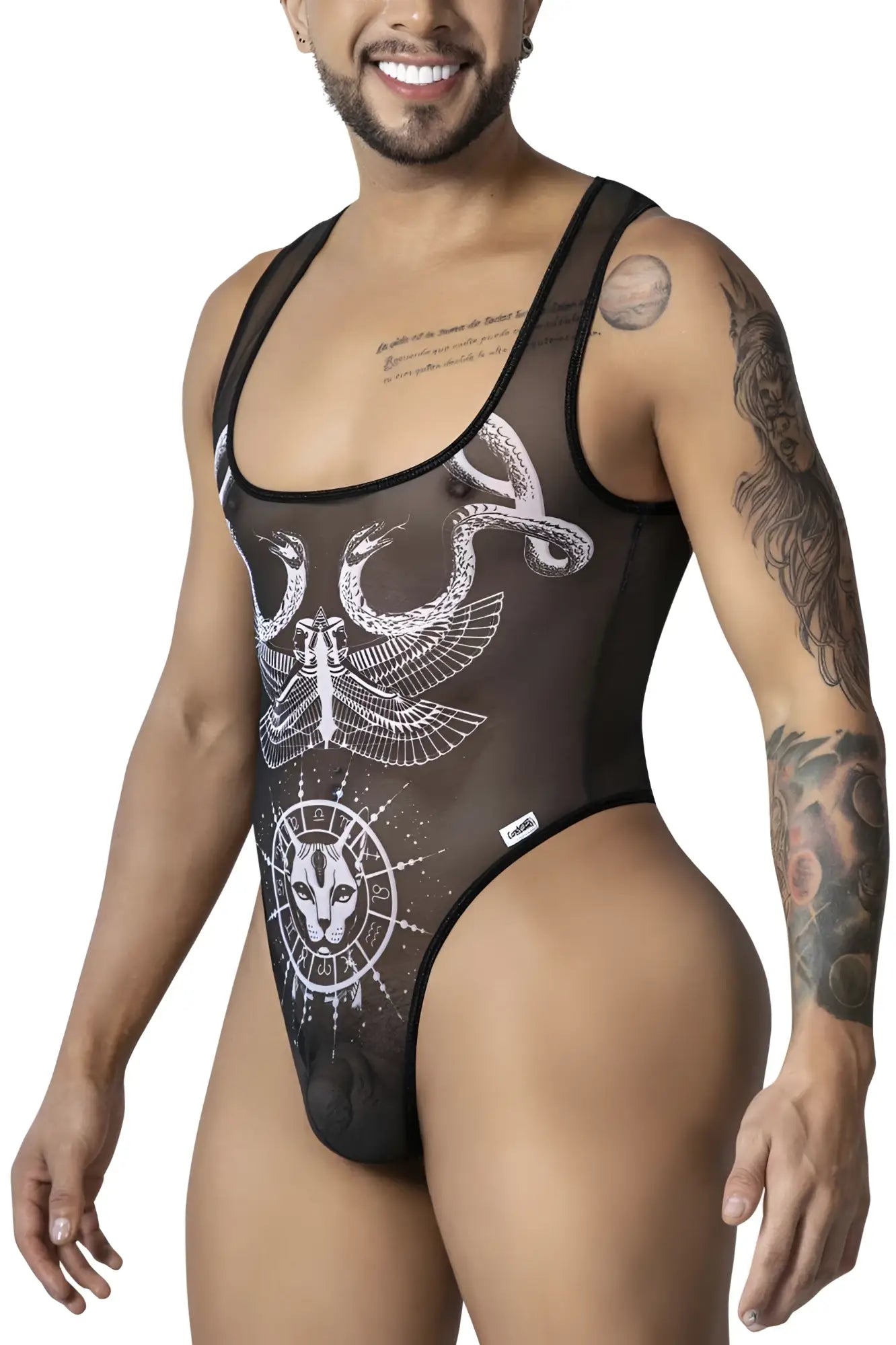 Black sheer CandyMan 99869 Egyptian bodysuit with white intricate moth wings and animal face graphic design