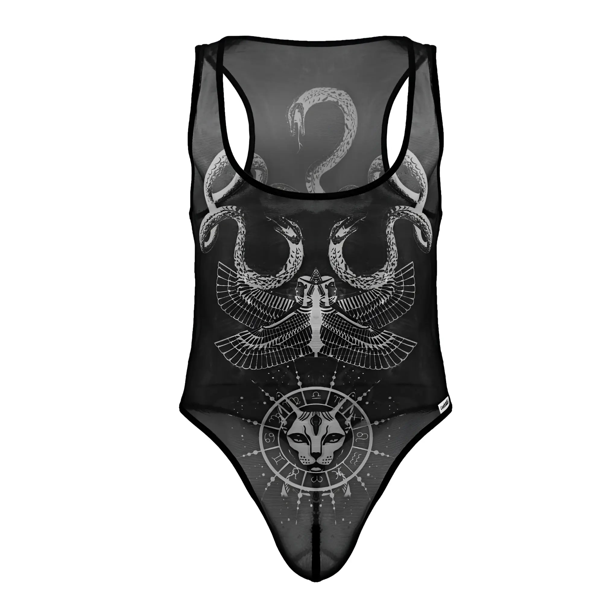 Black sheer mesh one-piece bodysuit with white intricate snake line art and winged figure above cat-faced zodiac symbol
