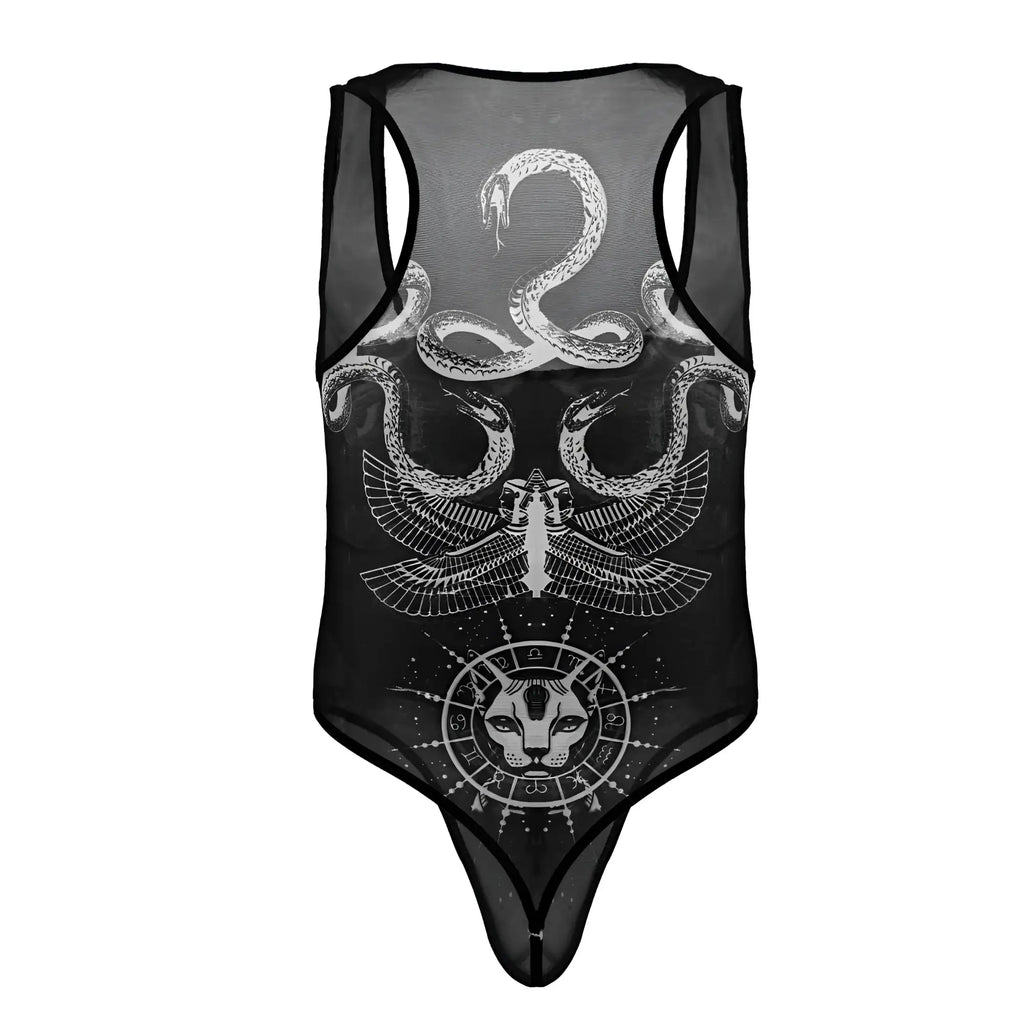 Black sheer mesh one-piece bodysuit with white intricate snakes winged figure and feline head graphic by CandyMan