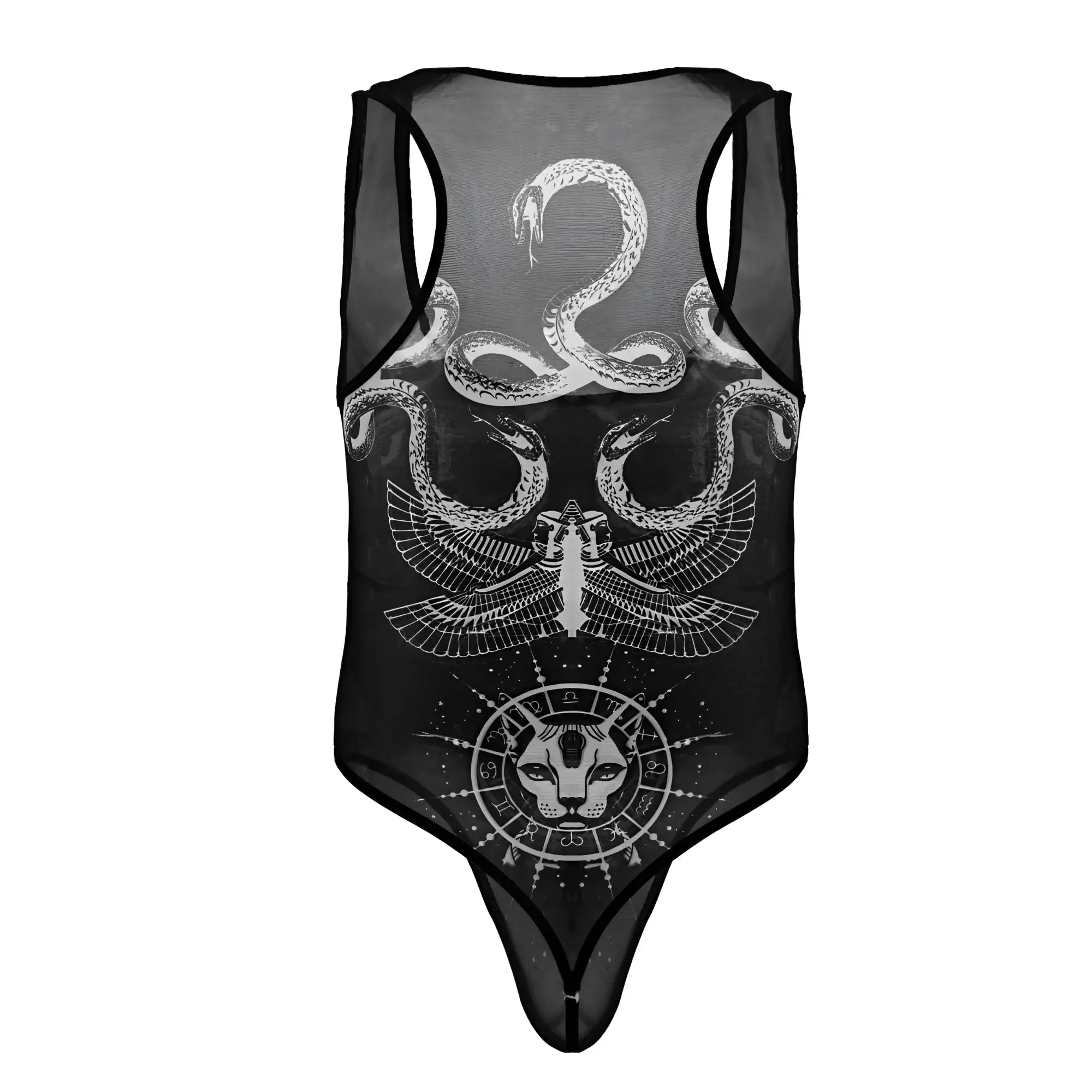 Black sheer mesh one-piece bodysuit with white intricate snakes winged figure and feline head graphic by CandyMan