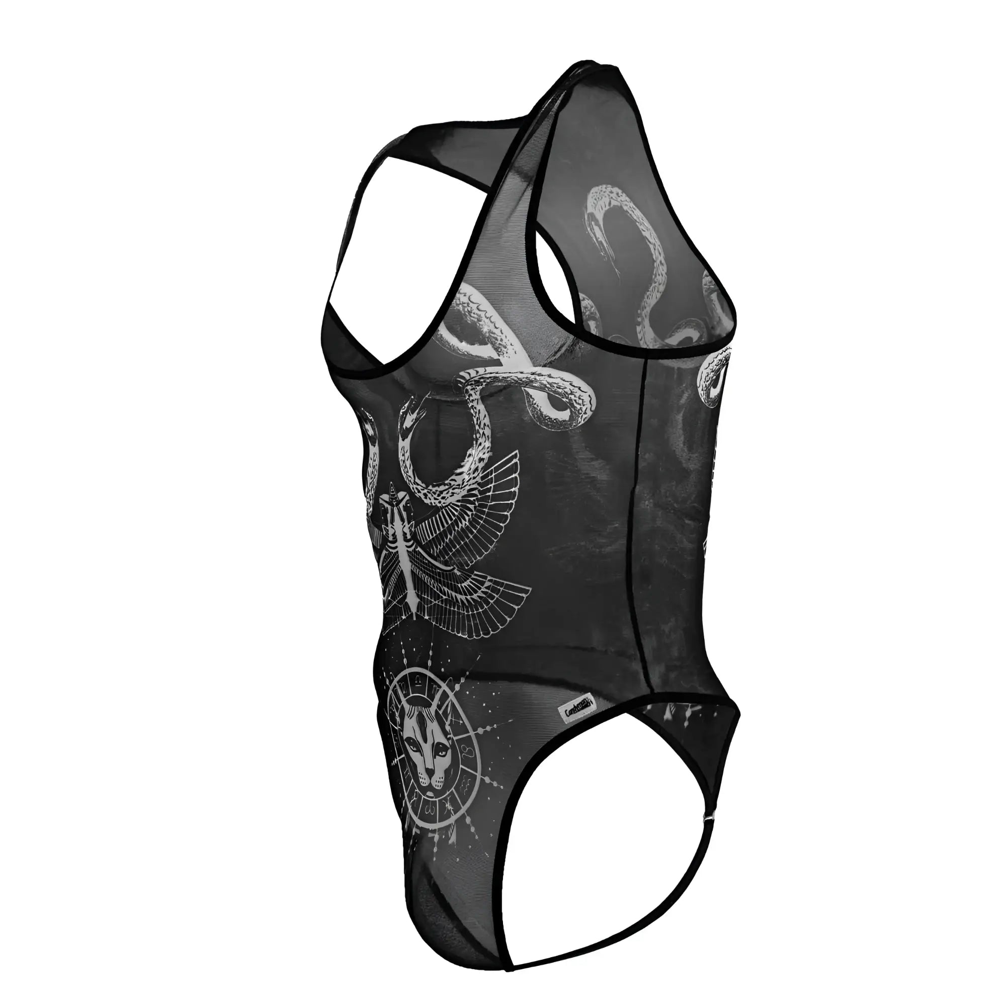Black sheer mesh CandyMan 99869 Egyptian bodysuit with white snake eagle and feline line art in circular design