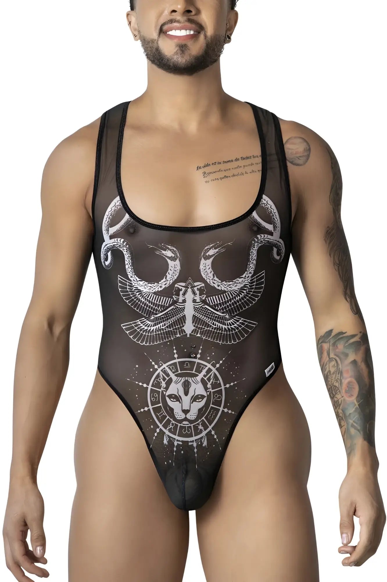 Black sheer one-piece bodysuit with white intricate zodiac and serpent design candyman 99869 egyptian style