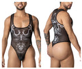 Black sheer CandyMan 99869 Egyptian bodysuit with white winged serpent and cat zodiac designs on front
