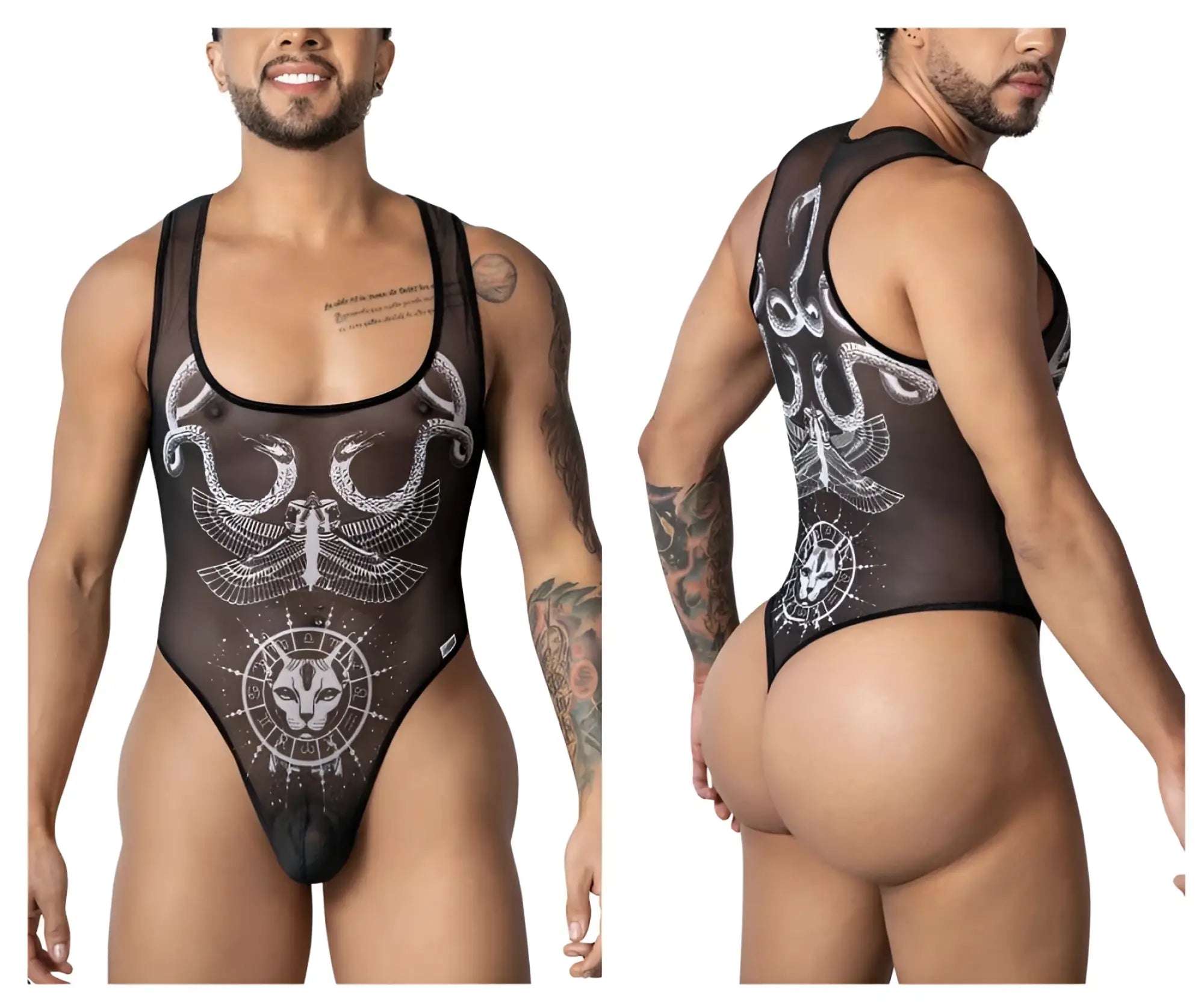 Black sheer CandyMan 99869 Egyptian bodysuit with white winged serpent and cat zodiac designs on front