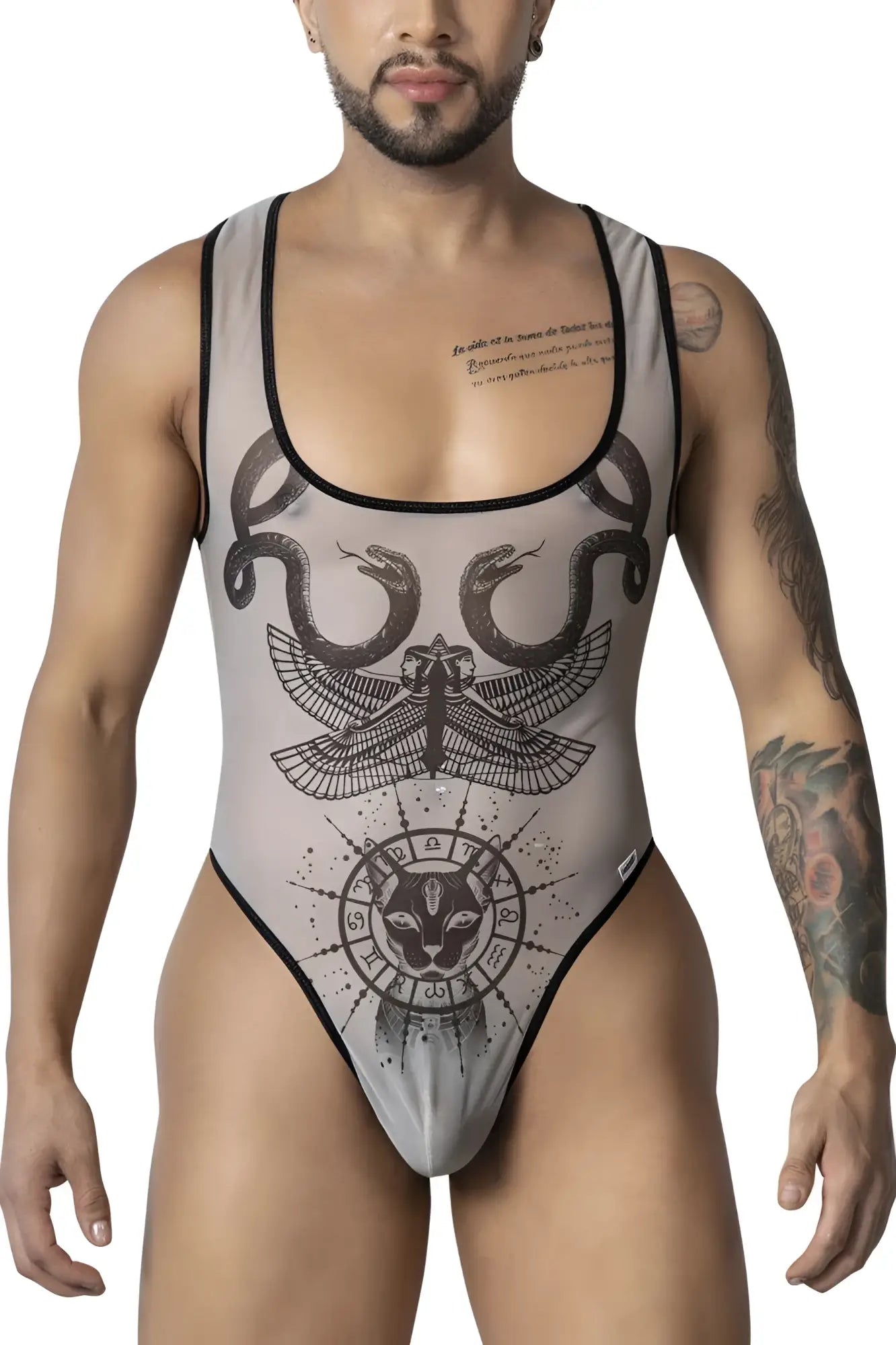 Gray mesh one-piece bodysuit with black inked egyptian zodiac and mythological creature design candyMan 99869 nude-black