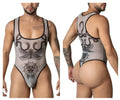 Gray mesh one-piece bodysuit with black inked serpent winged beetle and zodiac cat designs candy man 99869