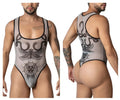 Gray mesh one-piece bodysuit with black inked serpent winged beetle and zodiac cat designs candy man 99869