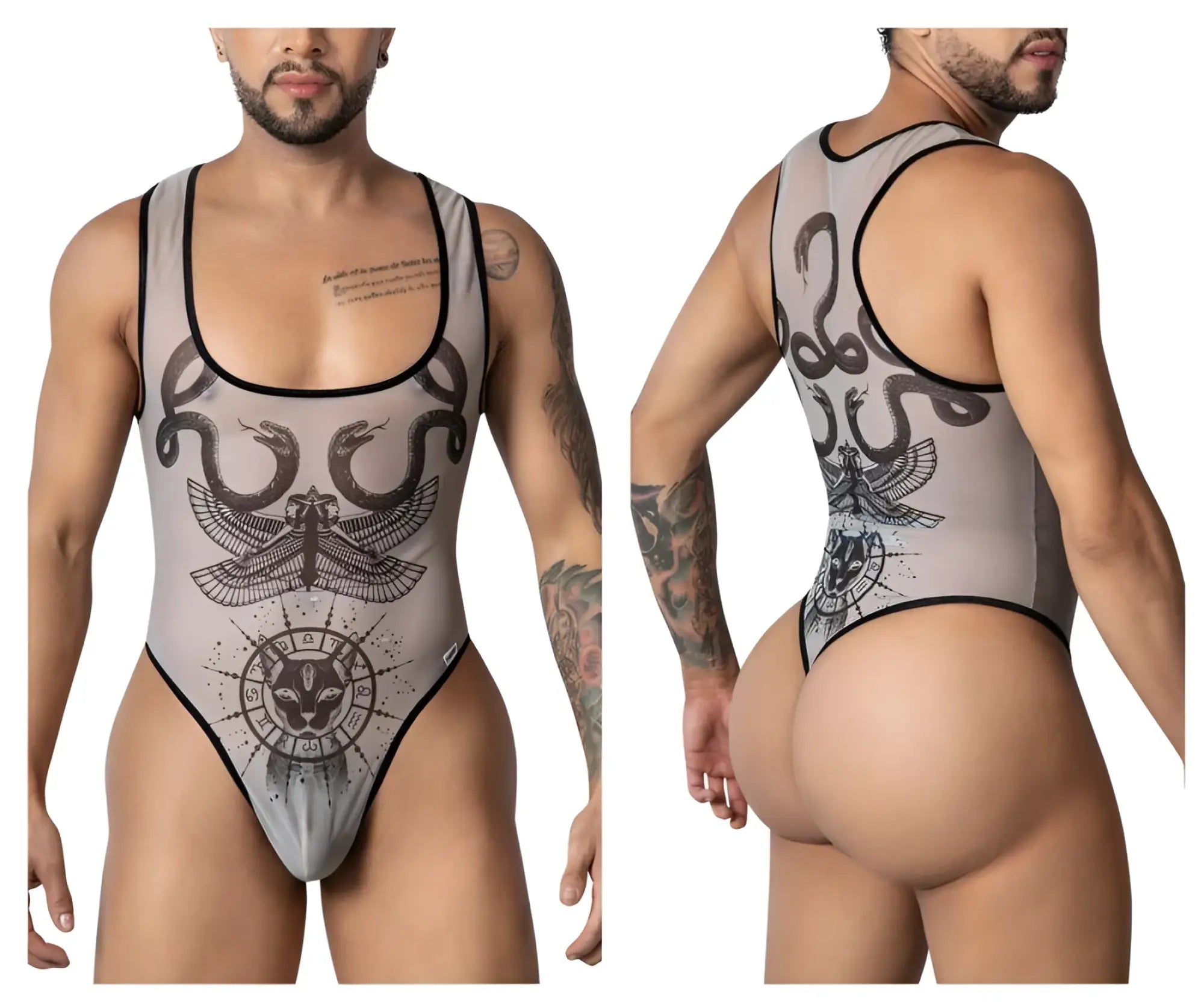 Gray mesh one-piece bodysuit with black inked serpent winged beetle and zodiac cat designs candy man 99869