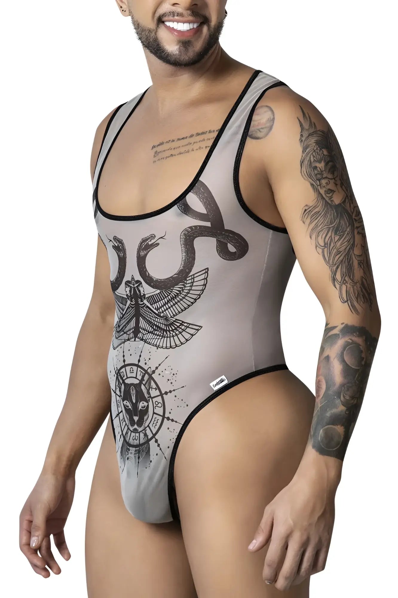 Gray mesh candyMan 99869 Egyptian bodysuit with black trim and intricate moth snake graphic design in nude-black