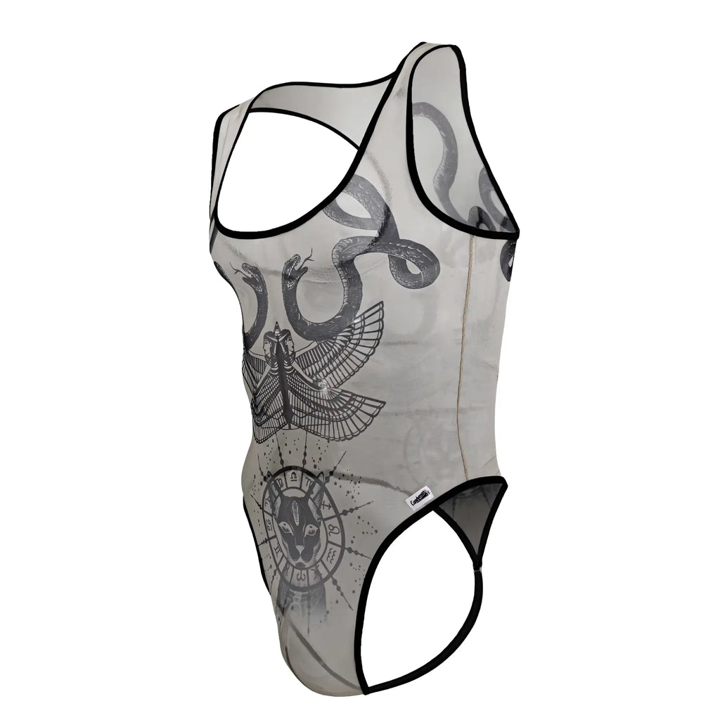 Sheer gray mesh tank top with black trim and detailed snake eagle and cat-faced zodiac graphic print from candyman