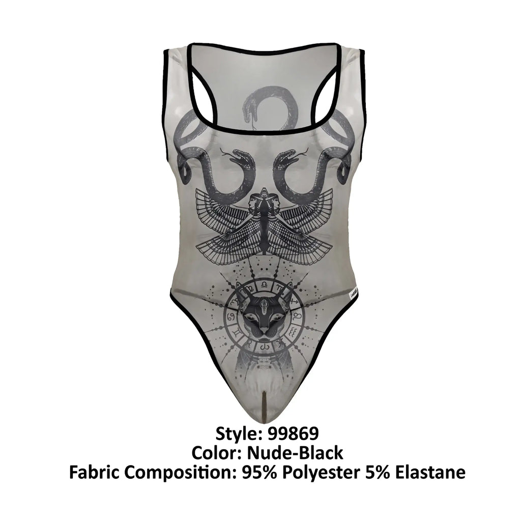 Sheer nude black CandyMan 99869 Egyptian bodysuit with intricate snake eagle and cat zodiac graphic designs
