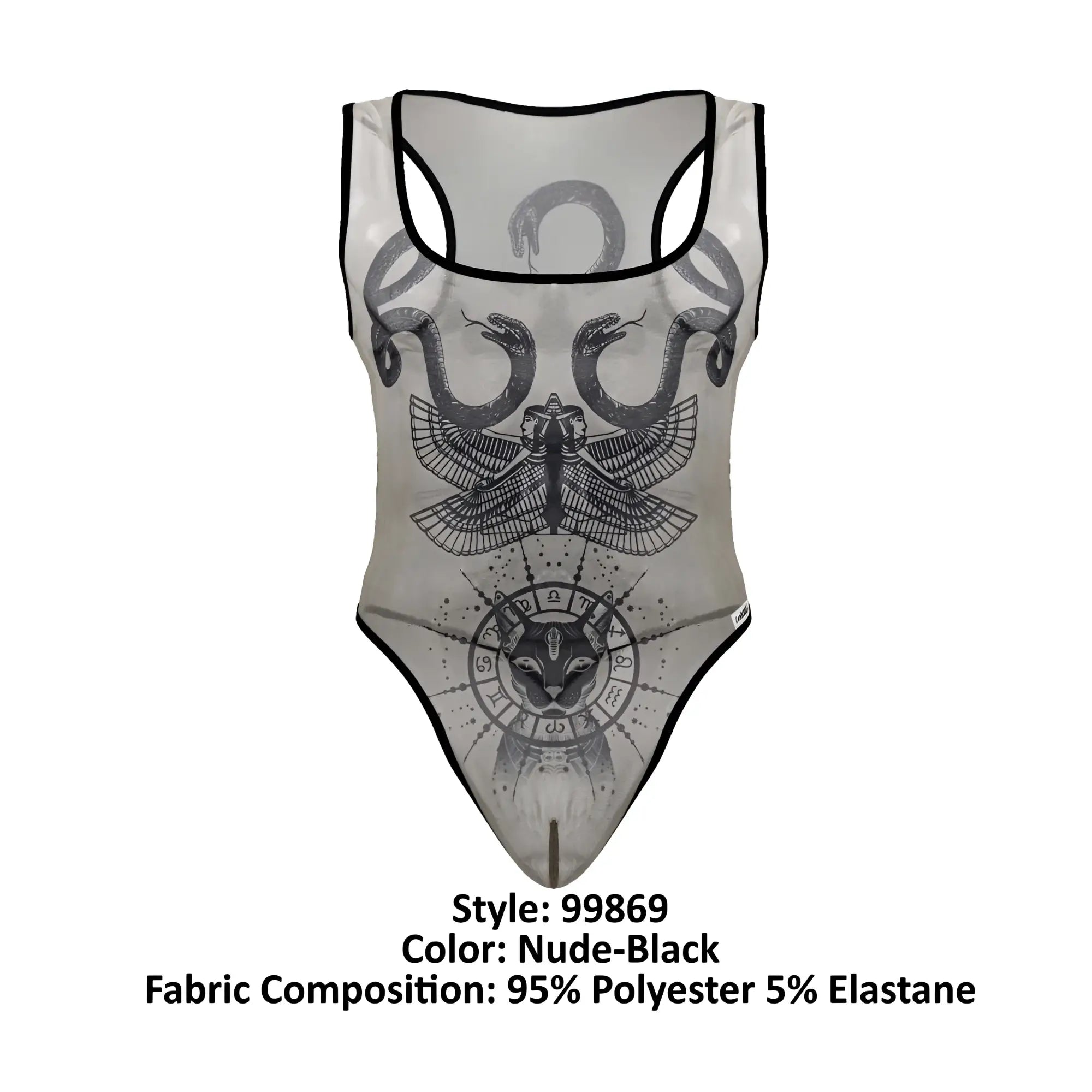 Sheer nude black CandyMan 99869 Egyptian bodysuit with intricate snake eagle and cat zodiac graphic designs