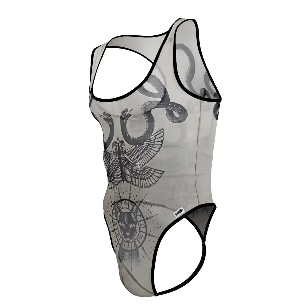 Sheer gray mesh tank top with black trim and detailed snake eagle and cat-faced zodiac graphic print from candyman