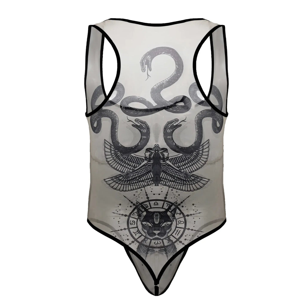 Sheer candyMan 99869 Egyptian bodysuit in nude-black with black trim featuring snakes winged figure and zodiac cat emblem