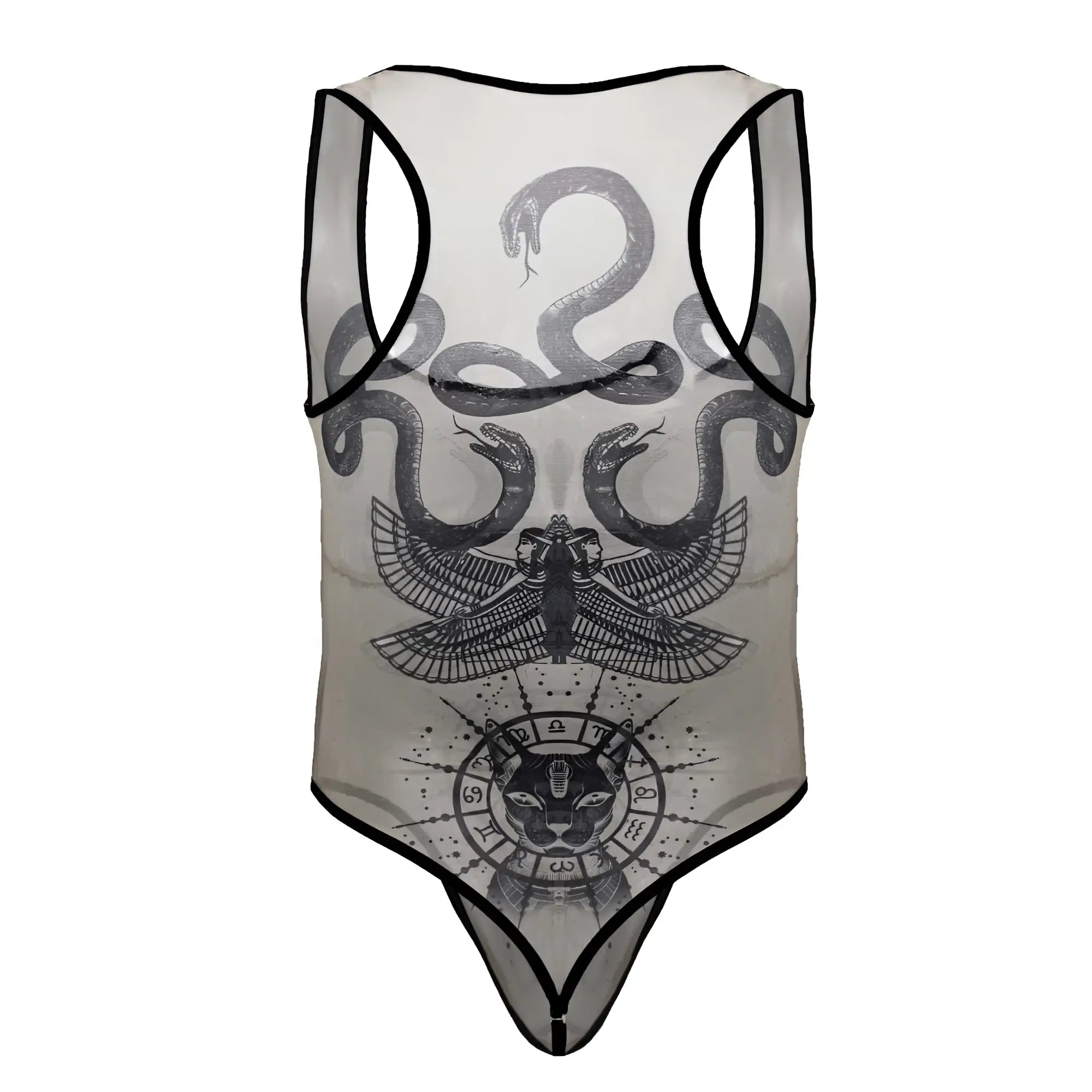 Sheer candyMan 99869 Egyptian bodysuit in nude-black with black trim featuring snakes winged figure and zodiac cat emblem