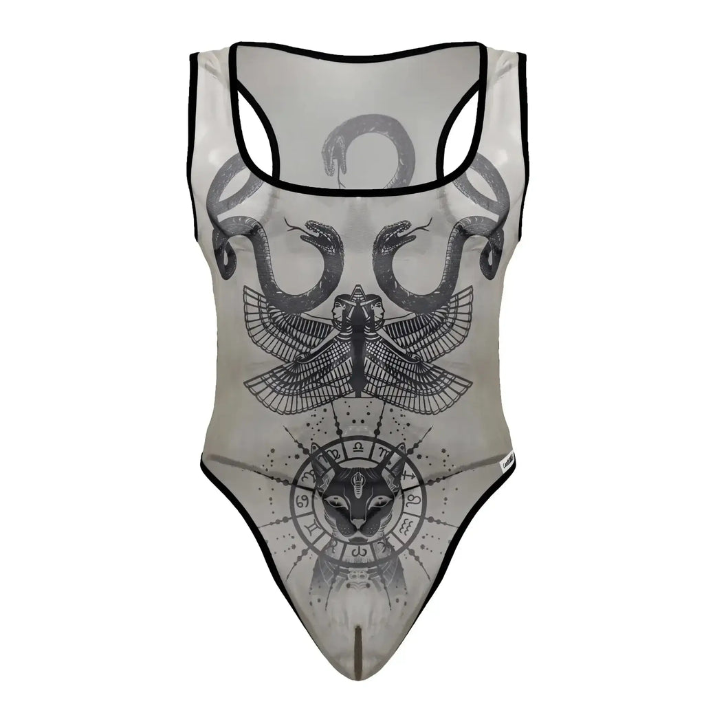 Sheer candyMan 99869 Egyptian bodysuit nude black one-piece swimsuit with intertwined snakes eagle and cat face graphic
