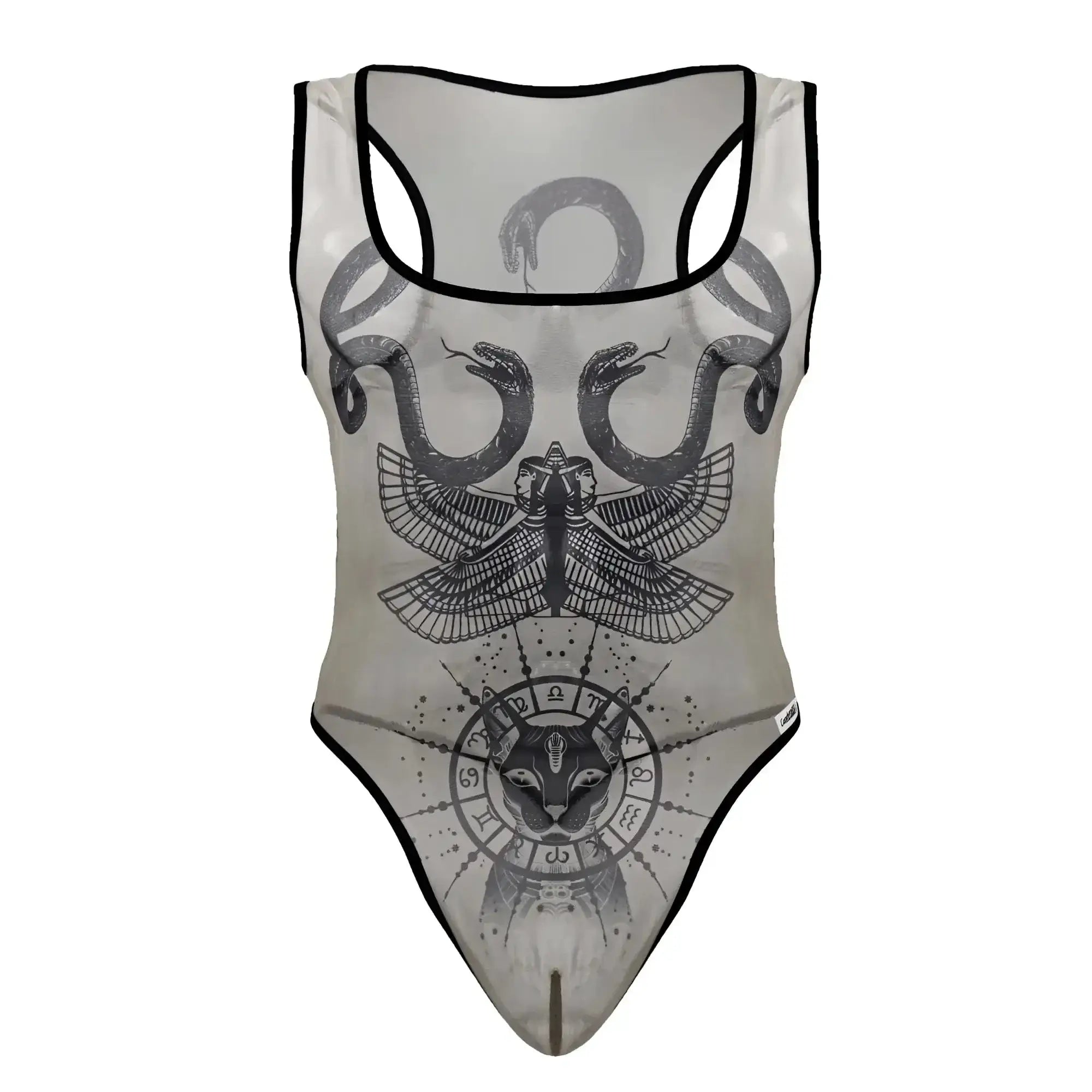 Sheer candyMan 99869 Egyptian bodysuit nude black one-piece swimsuit with intertwined snakes eagle and cat face graphic