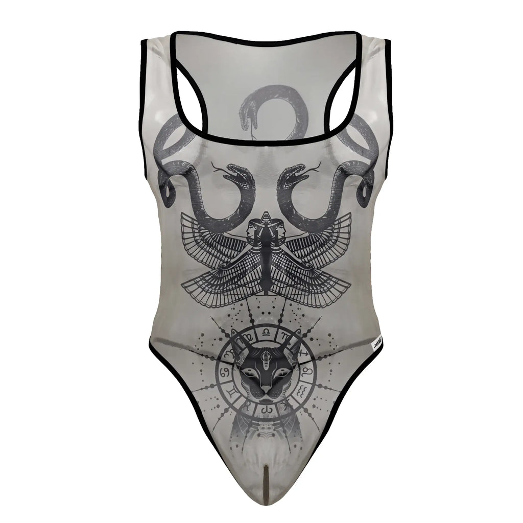 Sheer candyMan 99869 Egyptian bodysuit nude black one-piece swimsuit with intertwined snakes eagle and cat face graphic