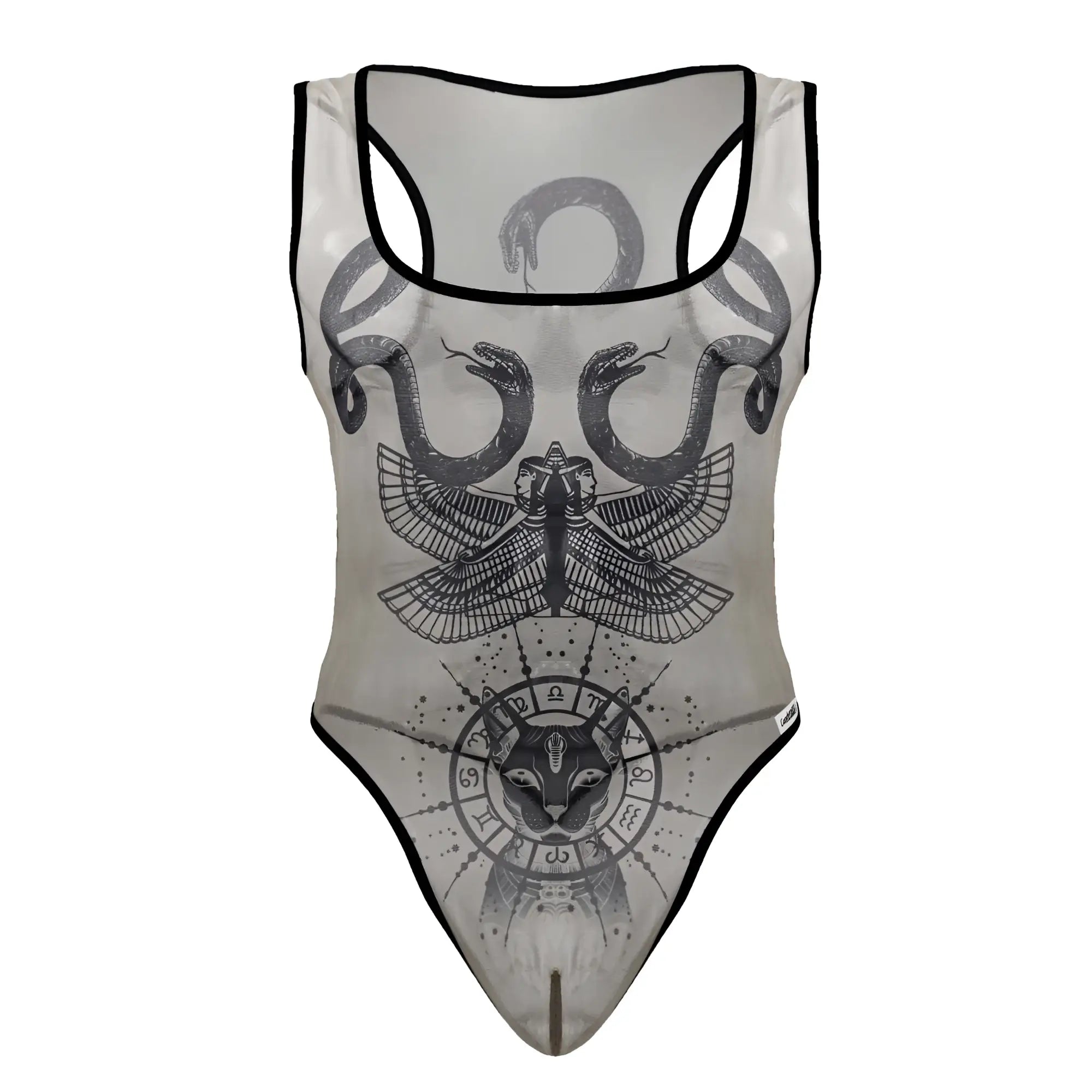 Sheer candyMan 99869 Egyptian bodysuit nude black one-piece swimsuit with intertwined snakes eagle and cat face graphic