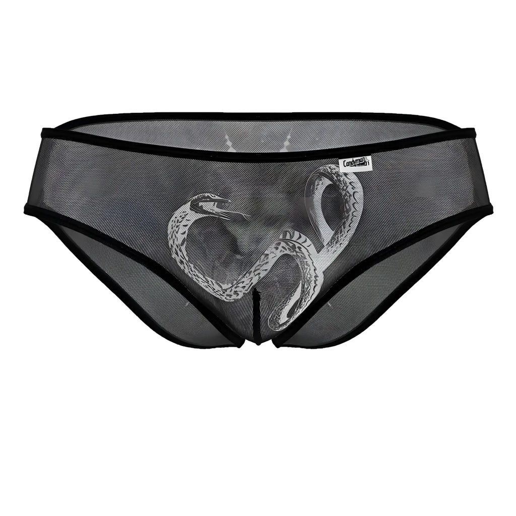 Black mesh CandyMan 99871 Egyptian briefs featuring a detailed white snake design on front