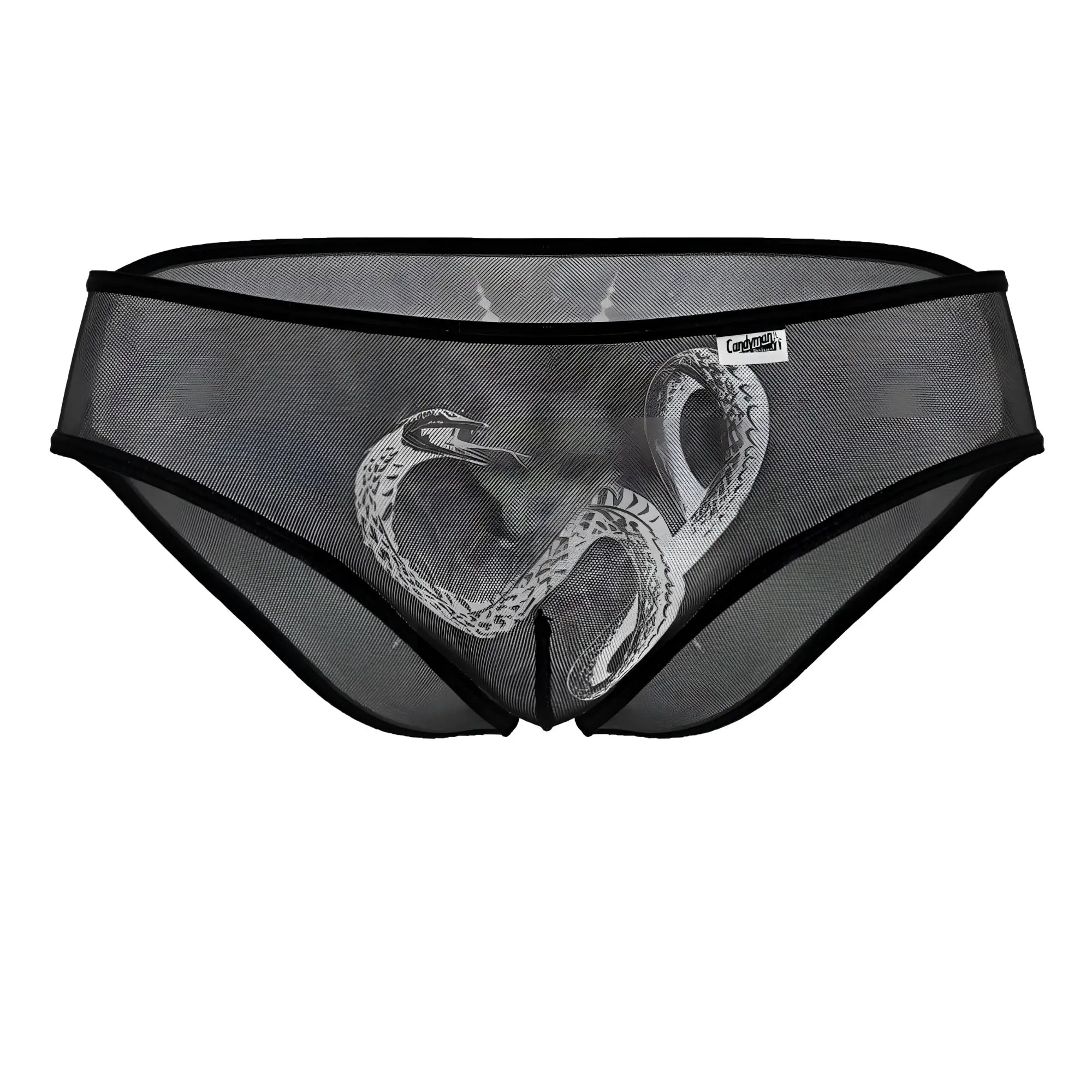 Black mesh CandyMan 99871 Egyptian briefs featuring a detailed white snake design on front