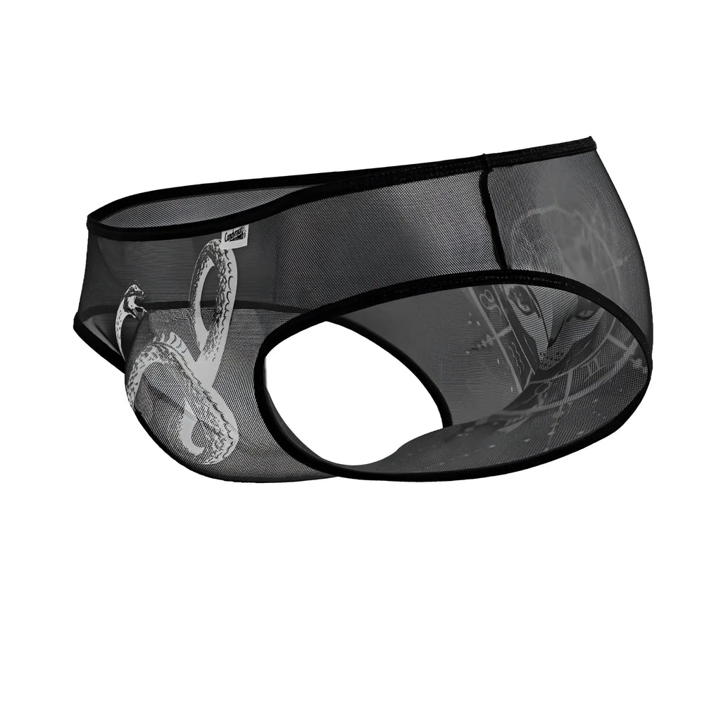 Black mesh briefs candy man 99871 with detailed white snake design in black and white color