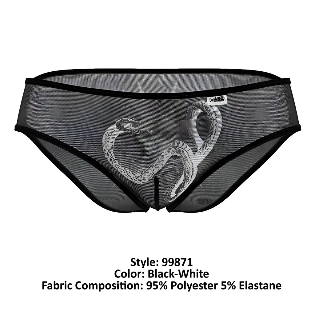 CandyMan 99871 black mesh briefs with white snake design made of 95% polyester 5% elastane for comfortable wear