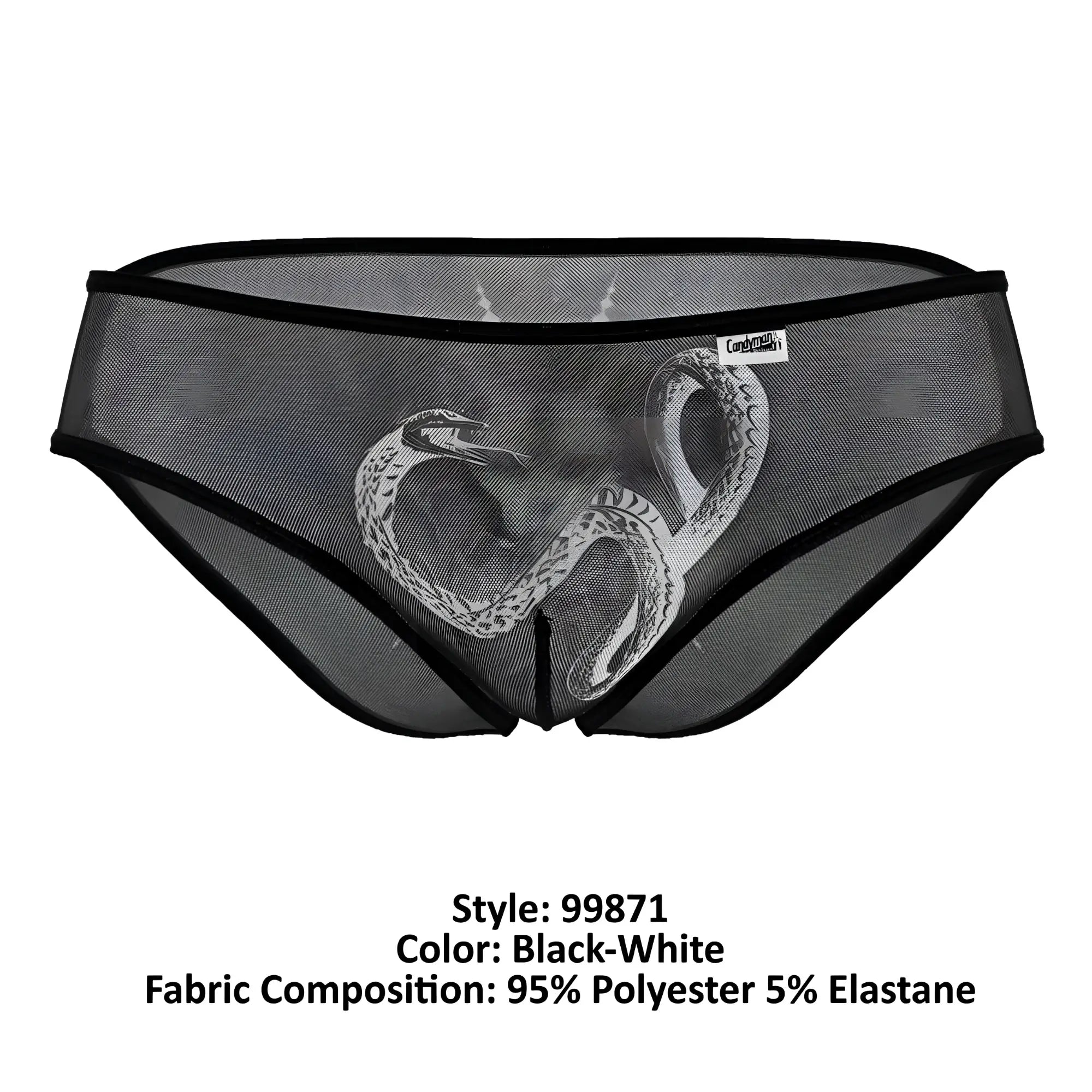 CandyMan 99871 black mesh briefs with white snake design made of 95% polyester 5% elastane for comfortable wear