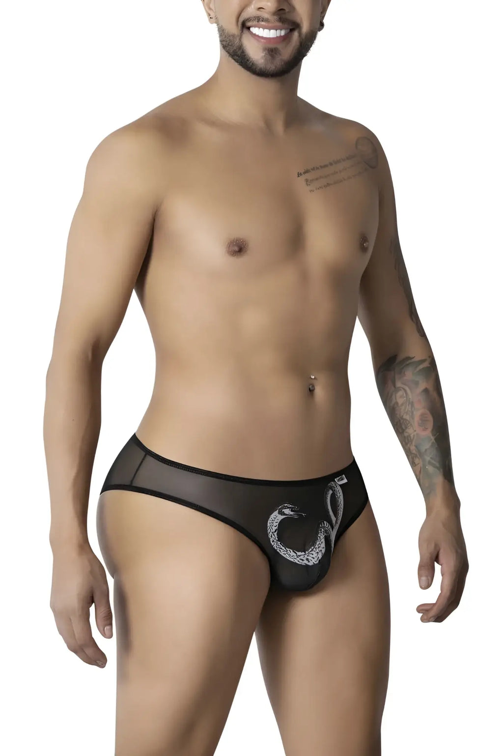 Black sheer mesh briefs with white embroidered snake design candyMan 99871 egyptian briefs color black-white