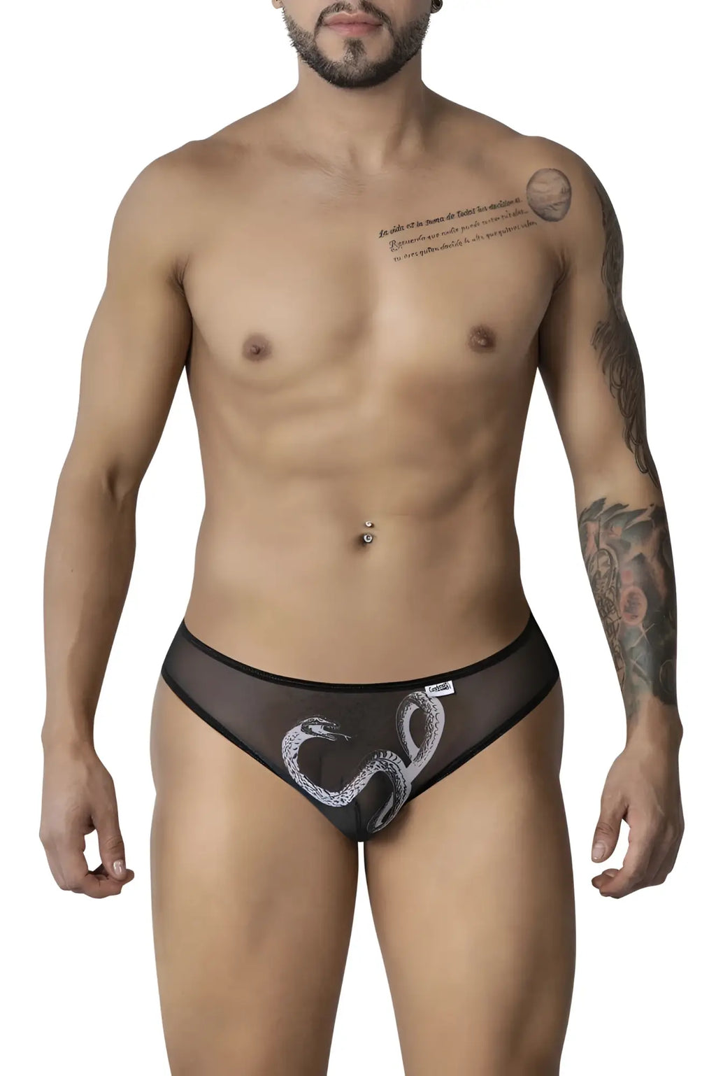 Black sheer mesh briefs with white embroidered snake design candyMan 99871 egyptian briefs black-white front view