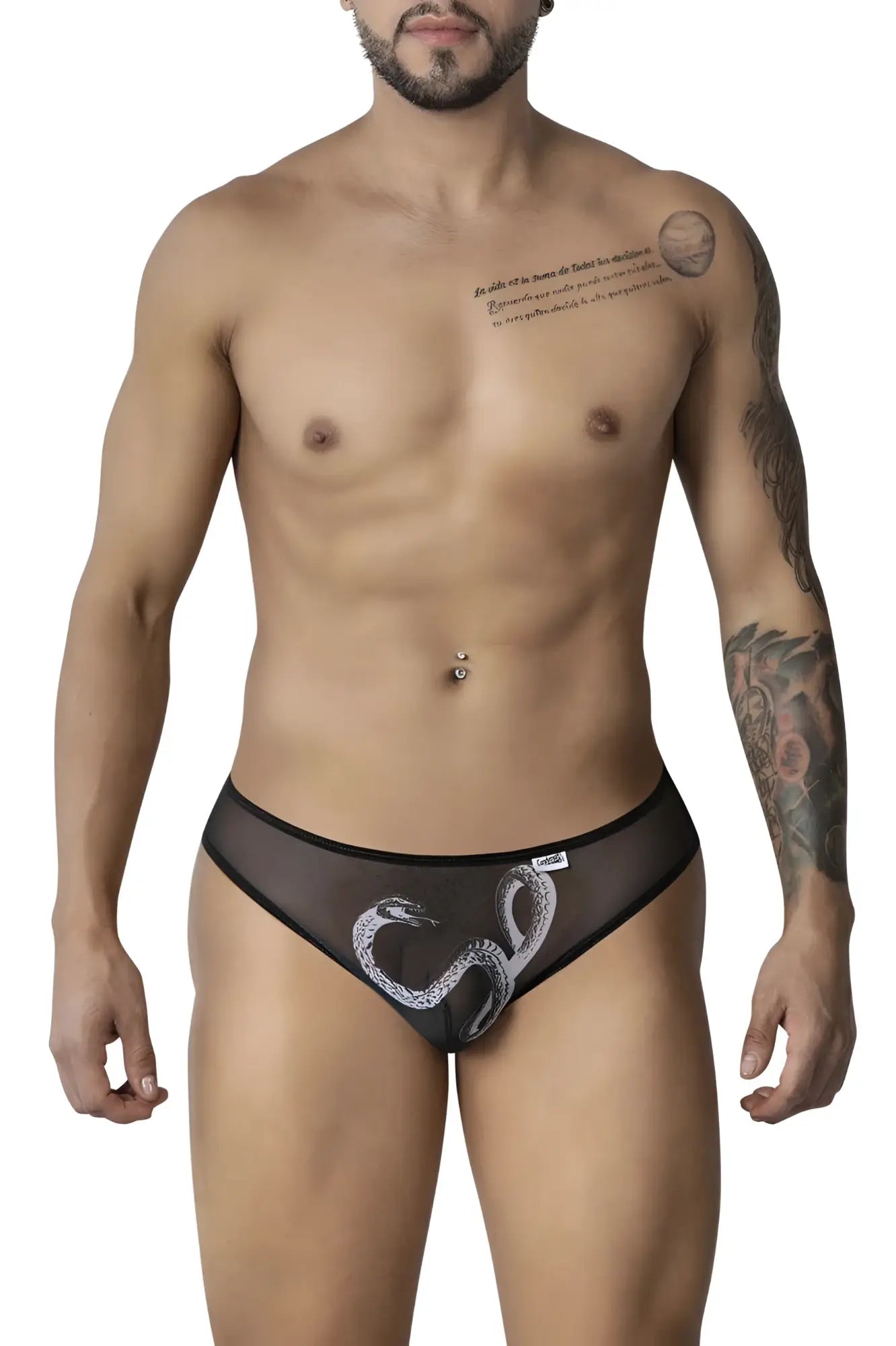 Black sheer mesh briefs with white embroidered snake design candyMan 99871 egyptian briefs black-white front view