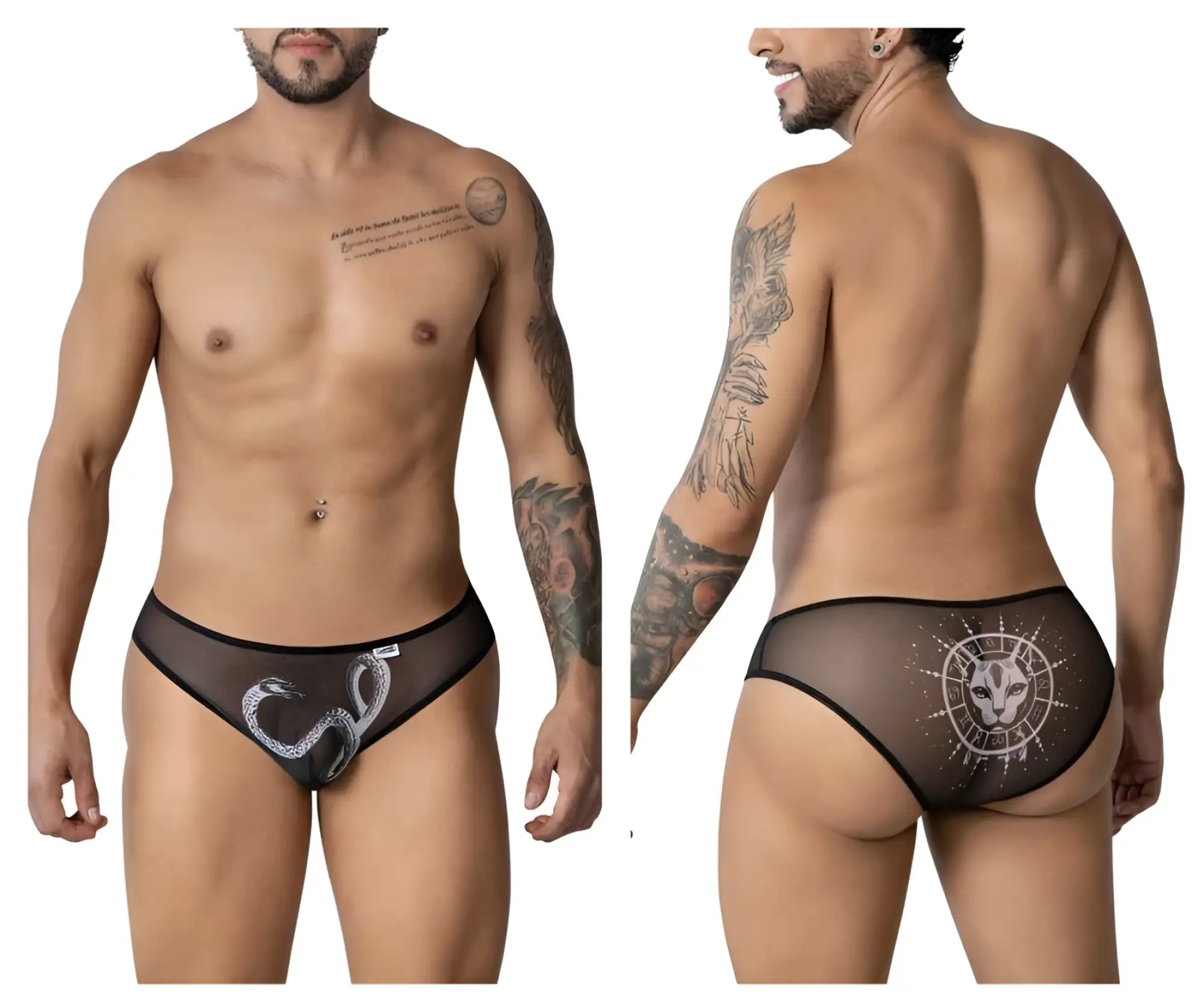 Black sheer mesh CandyMan 99871 Egyptian briefs with white snake design front and white feline emblem back view