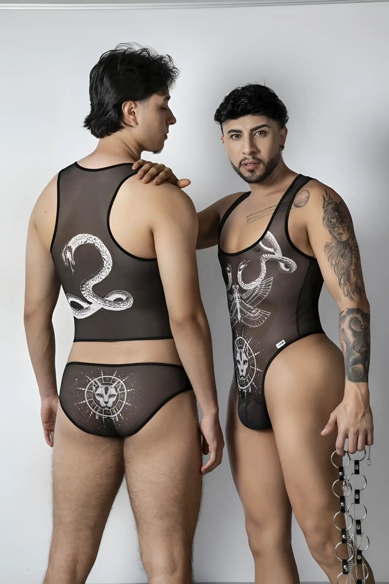 Black sheer mesh CandyMan 99871 Egyptian briefs with white intricate snake and eagle designs two-piece set