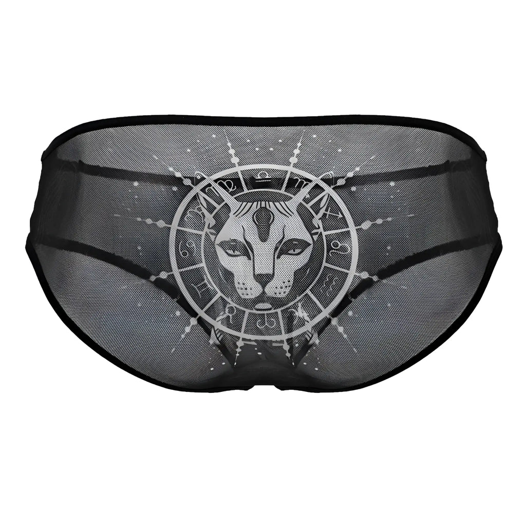 Black sheer mesh egyptian briefs by candyman featuring a white cat face graphic with zodiac symbols