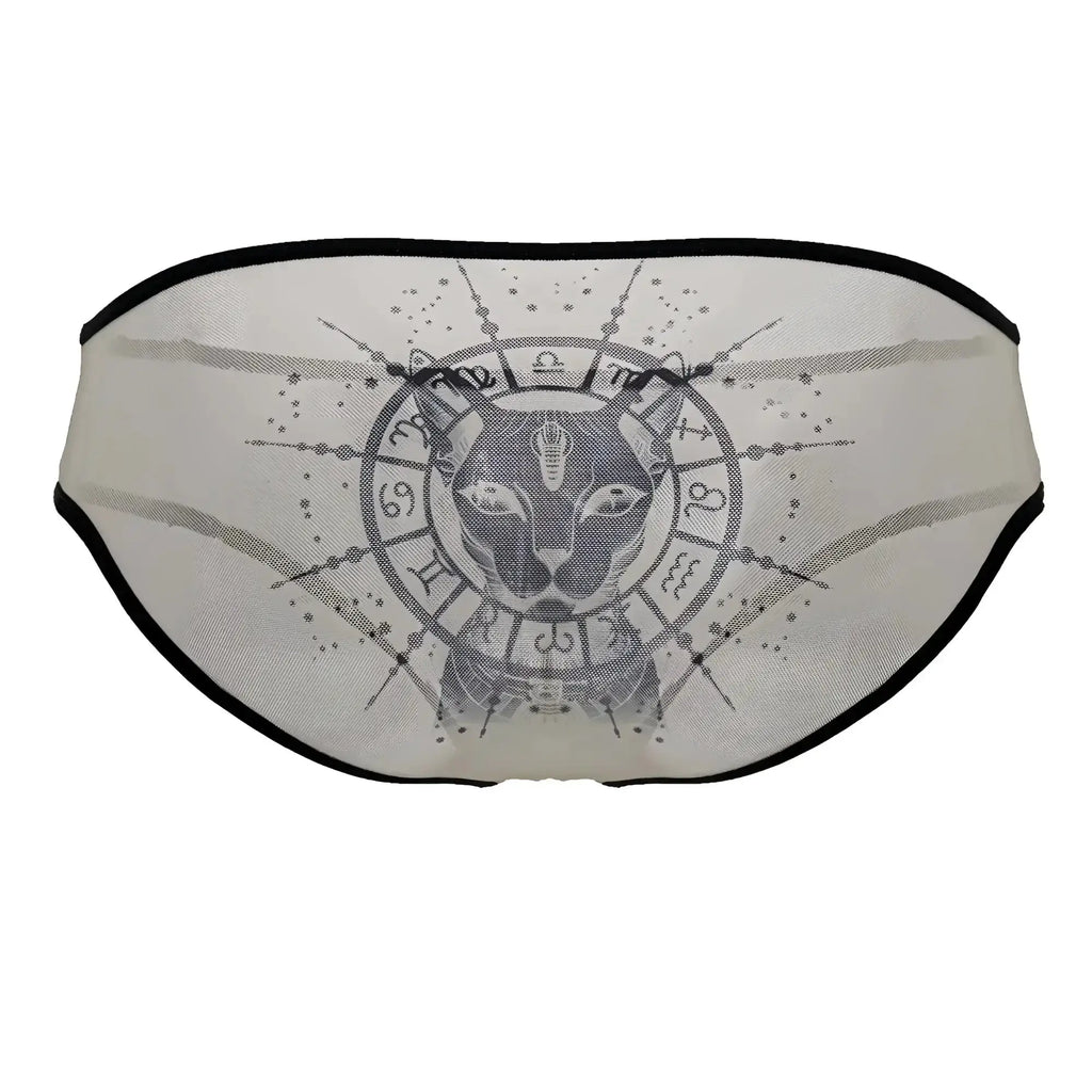 CandyMan 99871 Egyptian briefs sheer white mesh with black trim and gray egyptian cat and zodiac graphic in nude-black