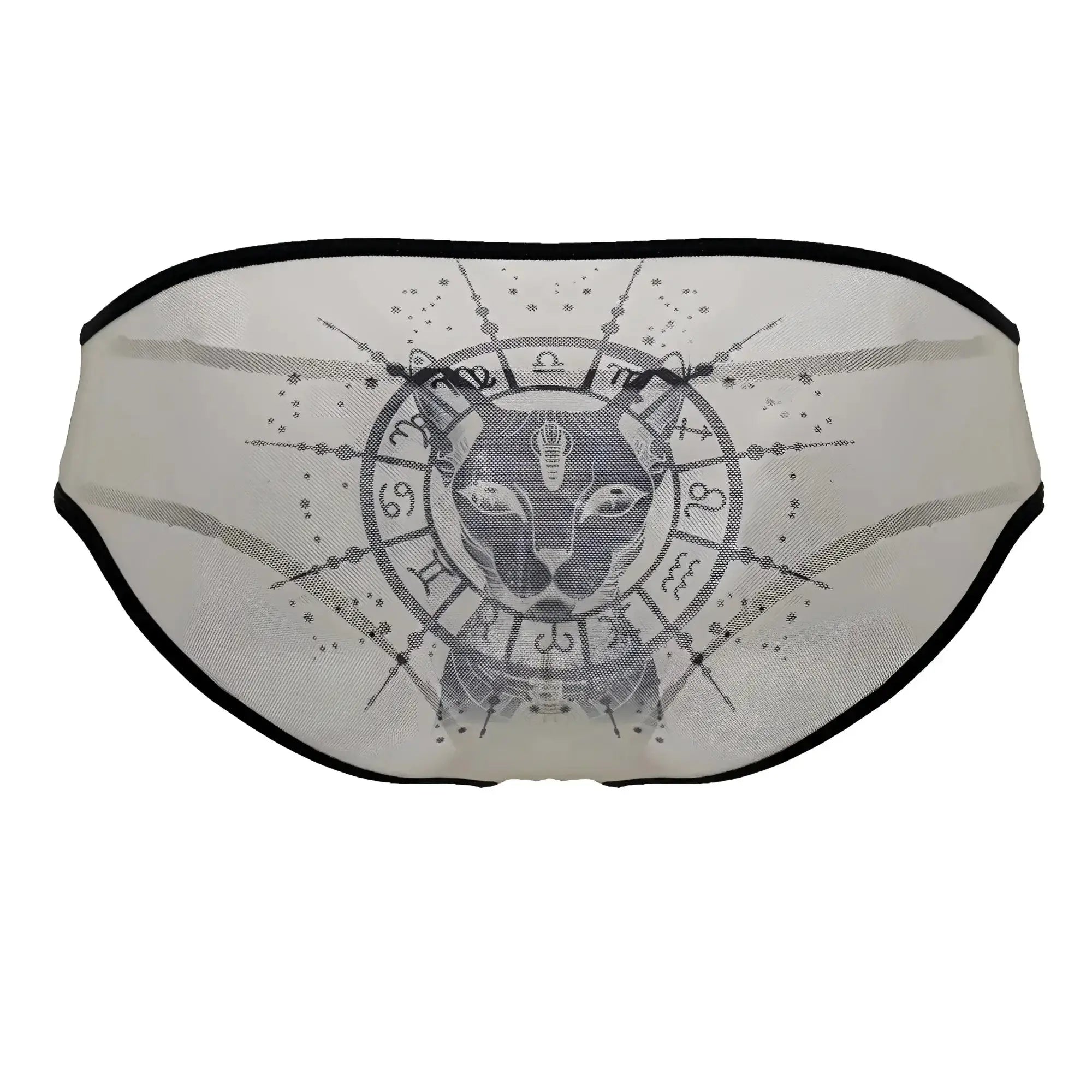 CandyMan 99871 Egyptian briefs sheer white mesh with black trim and gray egyptian cat and zodiac graphic in nude-black