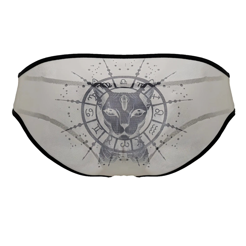 CandyMan 99871 Egyptian briefs sheer white mesh with black trim and gray egyptian cat and zodiac graphic in nude-black
